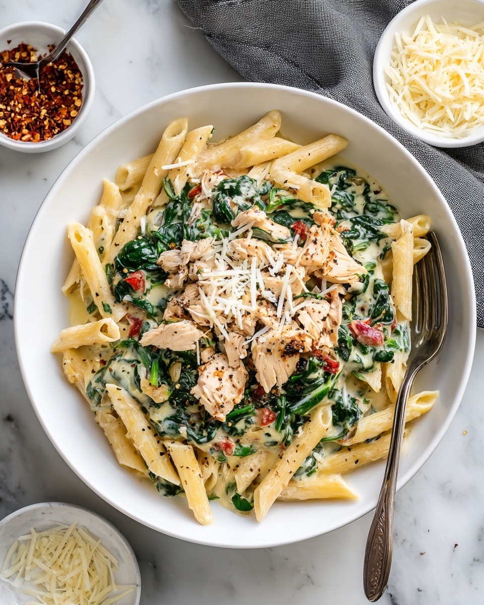 A white shallow bowl is filled with three layers of food: the bottom layer is penne pasta in a creamy sauce with specks of black pepper, the middle layer has soft green spinach leaves mixed evenly, and the top layer features chunks of cooked chicken with bits of red tomato and sprinkled thin white shavings of cheese. The bowl sits on a white marbled surface, with a gray cloth partially visible in the upper right corner and small white bowls holding shredded cheese and red pepper flakes nearby. A fork leans at the bowl's bottom right edge. photo taken with an iphone --ar 4:5 --v 7