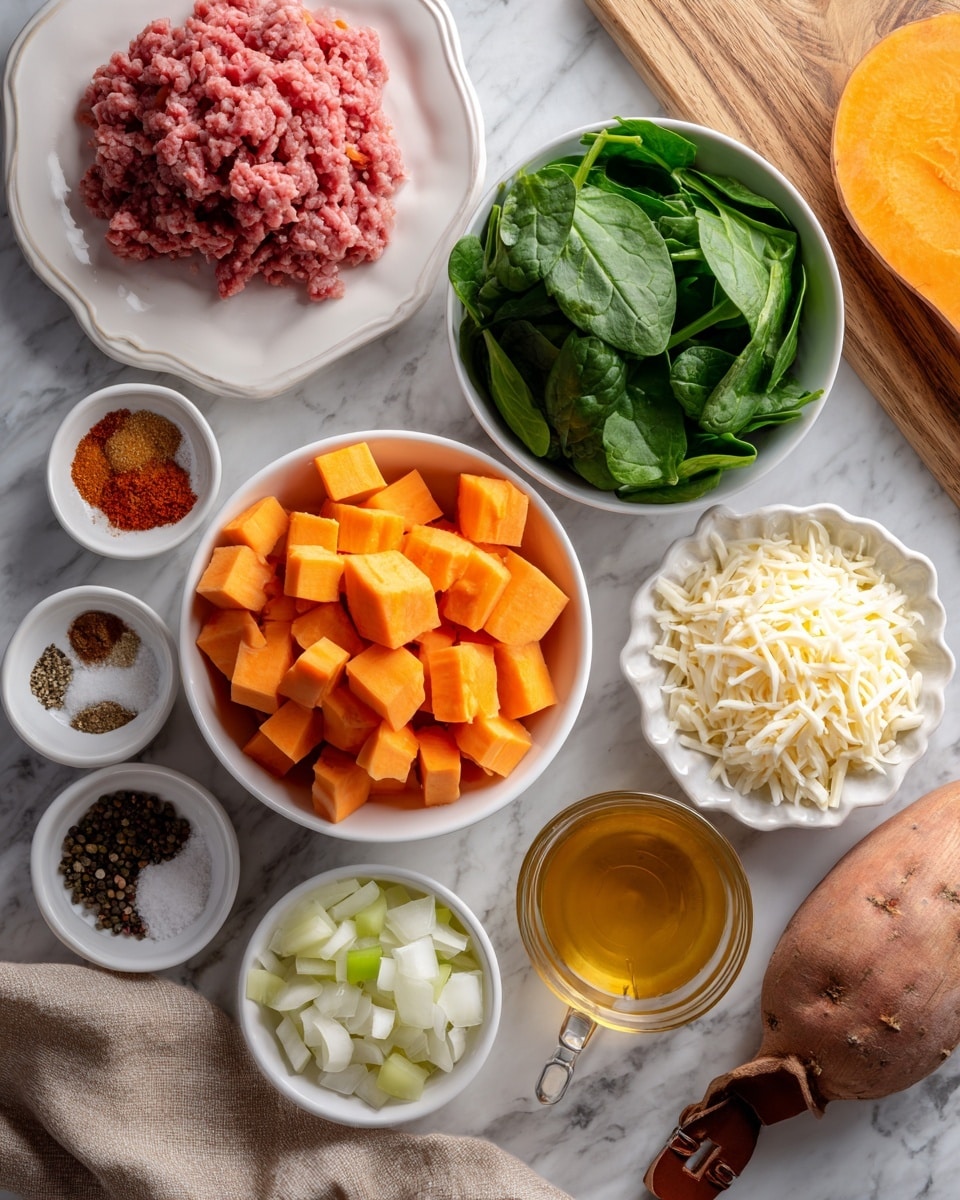 The image shows several ingredients arranged neatly on a white marbled surface. In the center, there is a white bowl filled with bright orange cubed sweet potatoes. To the right, a white bowl holds fresh green spinach leaves, and above it, another white bowl contains shredded white cheese. Below the sweet potatoes, there is a small bowl with chopped white onions and next to it, a scalloped bowl with chopped yellow bell peppers. In the top left, a white plate holds a stack of pink ground meat. Scattered around in small bowls are white garlic cloves, coarse salt, ground black pepper, a mix of red and brown spices, and a pool of yellow oil in a shallow white bowl. There is also a glass measuring cup with a light brown liquid. A piece of tan fabric with a leather strap is placed at the bottom right. In the top right corner, part of a cut sweet potato rests on a wooden cutting board. Photo taken with an iphone --ar 4:5 --v 7