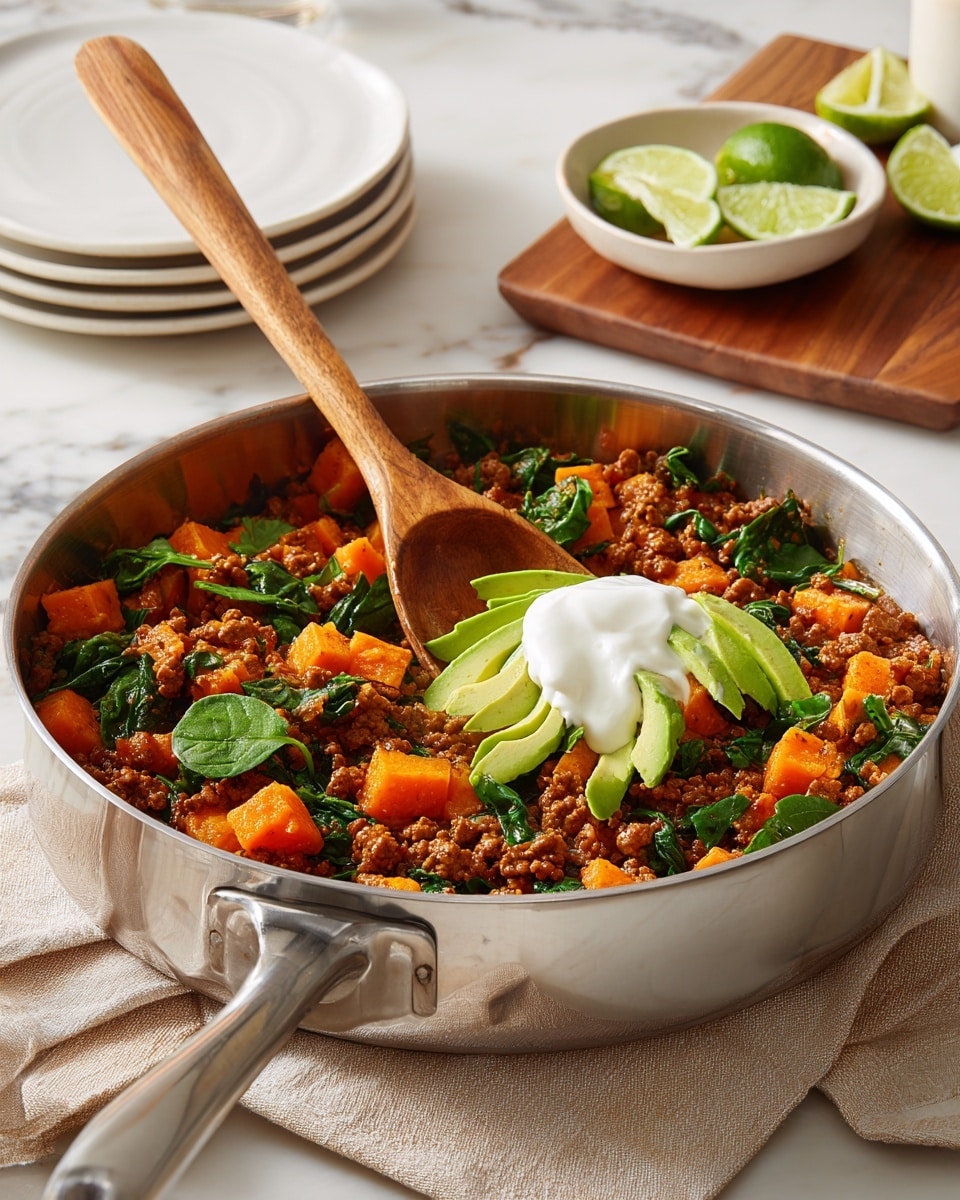A shiny stainless steel pan holds a dish with three main layers: the bottom layer is a mix of small chunks of orange sweet potatoes and ground cooked meat with green spinach leaves scattered throughout; on top of this layer are a few slices of avocado and several lime wedges arranged on one side; in the center sits a dollop of white sour cream. The dish is being stirred with a large wooden spoon resting inside the pan. The pan is placed on a white marbled surface with a beige cloth underneath, a stack of white plates next to it, and a small bowl with lime halves on a wooden board nearby. Photo taken with an iphone --ar 4:5 --v 7