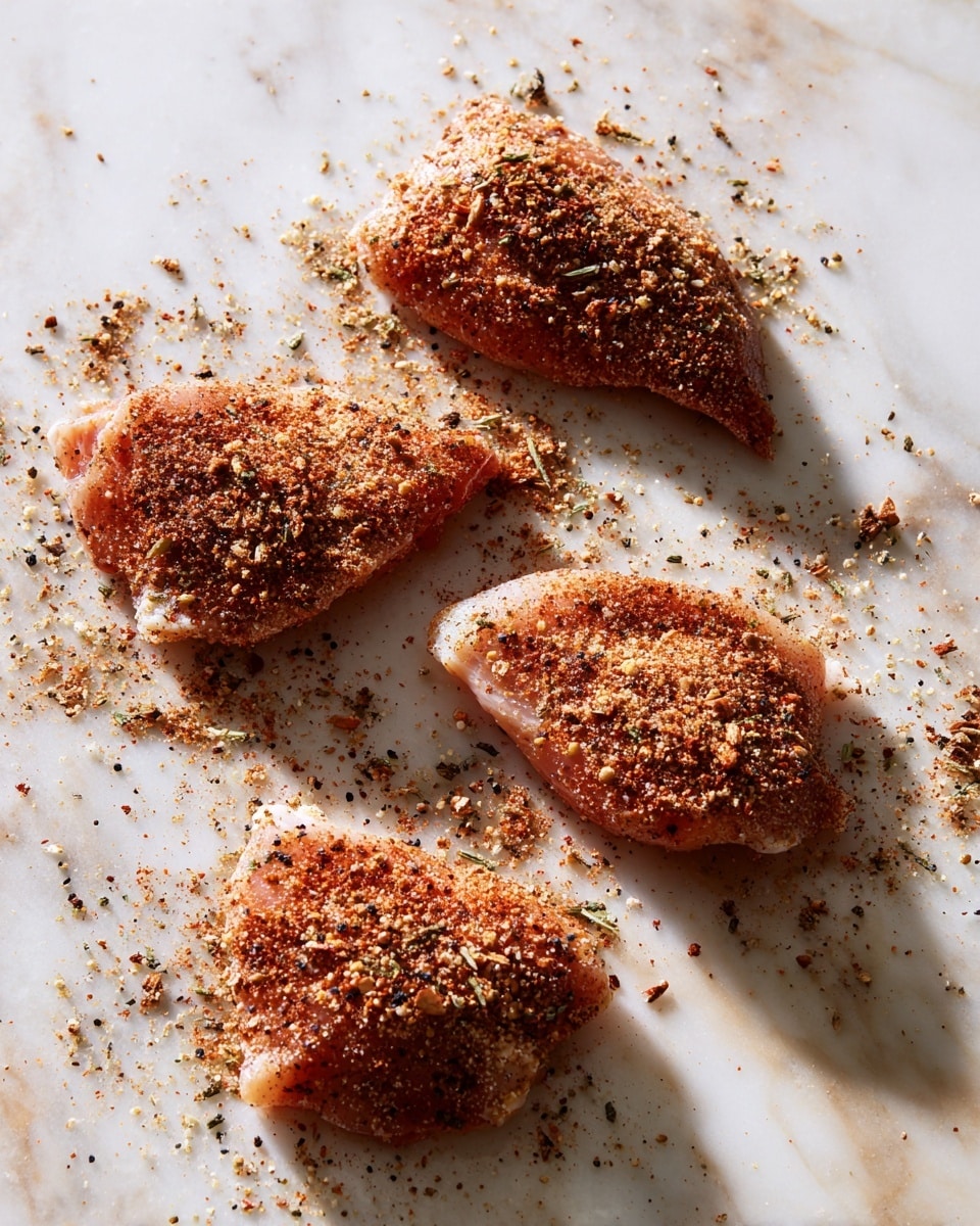 The image shows four pieces of raw chicken pieces spread on a flat white marbled surface. Each piece is covered with a dry reddish-brown spice mix that includes visible black pepper and other seasonings, making the texture grainy and powdery. The pieces are laid spaced apart, with some seasoning scattered around them on the surface. The lighting is bright, highlighting the texture and color of the spices clearly, photo taken with an iphone --ar 4:5 --v 7