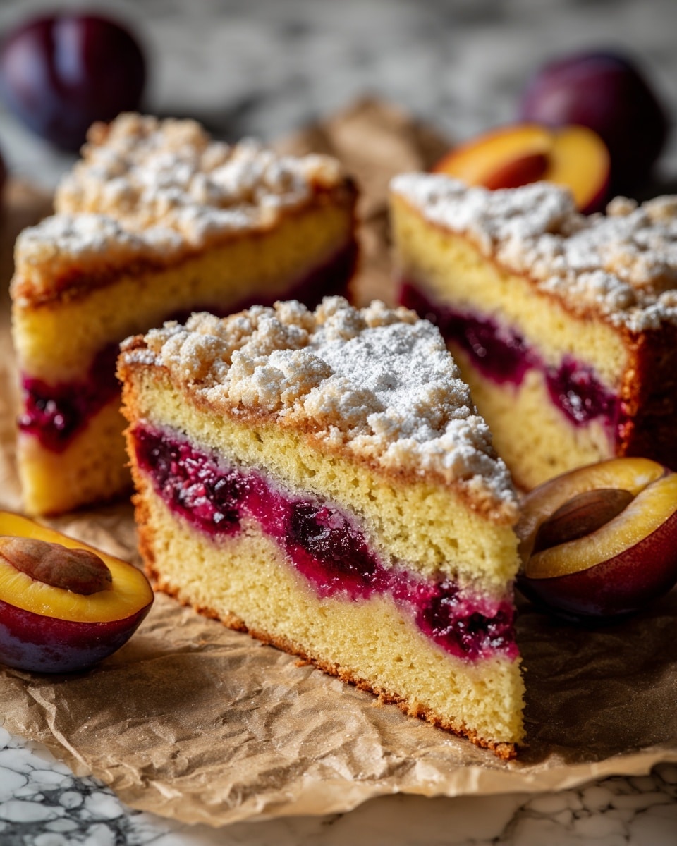 The image shows thick slices of plum cake with three visible layers: a golden brown crust on the bottom, a soft yellow cake layer with a vibrant red-purple plum filling in the middle, and a crumbly light beige streusel topping dusted with white powdered sugar on top. The cake slices rest on crumpled brown parchment paper, and there are halved plums with deep purple skin and yellow-orange flesh placed near the cake. The background has a white marbled texture. Photo taken with an iphone --ar 4:5 --v 7