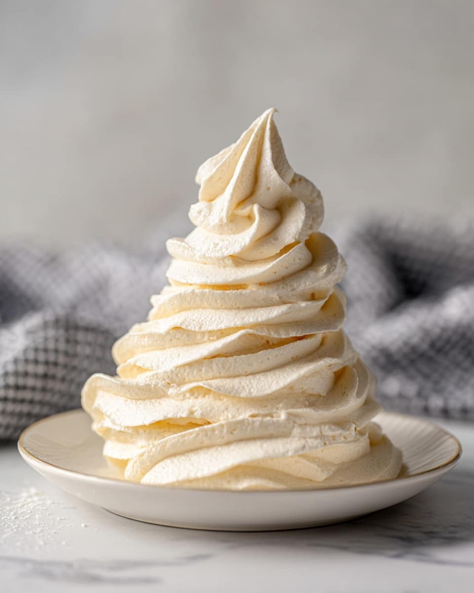 A close-up view of a tall pile of light beige whipped frosting with smooth, thick, and swirled texture in a clear glass. The frosting layers twist upwards with visible soft peaks and curves. The glass sits on a white plate with a white marbled surface background and a blurred grey and white checkered cloth in the back. Photo taken with an iphone --ar 4:5 --v 7