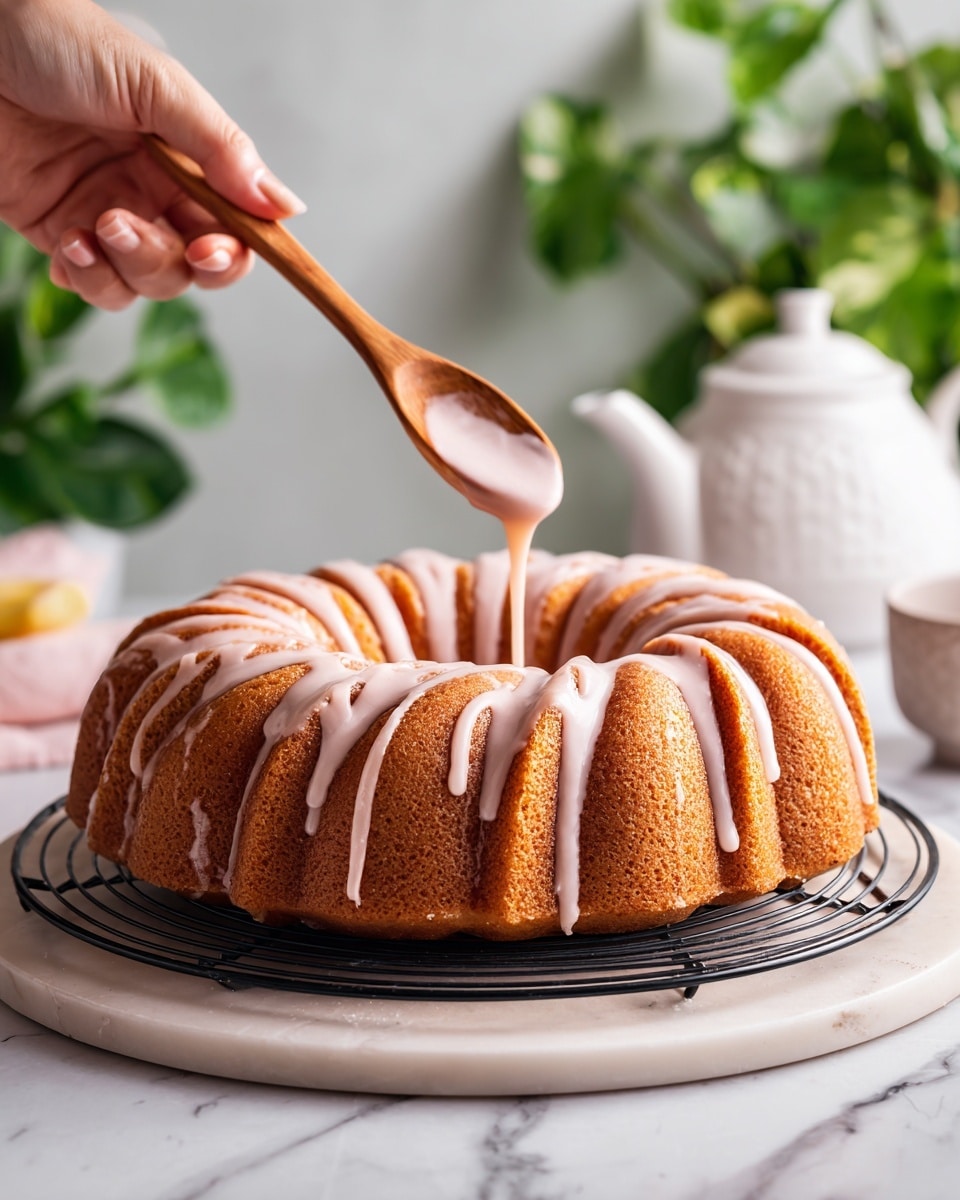 A golden-brown bundt cake with a swirl shape sits on a white marbled surface, placed on a black cooling rack. The cake has light pink icing drizzled in thin lines following the curved ridges of the bundt shape. A woman's hand holds a wooden spoon, slowly spreading the icing over the cake from the center top. The background shows a white teapot and green plants adding soft, natural colors to the scene. The photo taken with an iphone --ar 4:5 --v 7