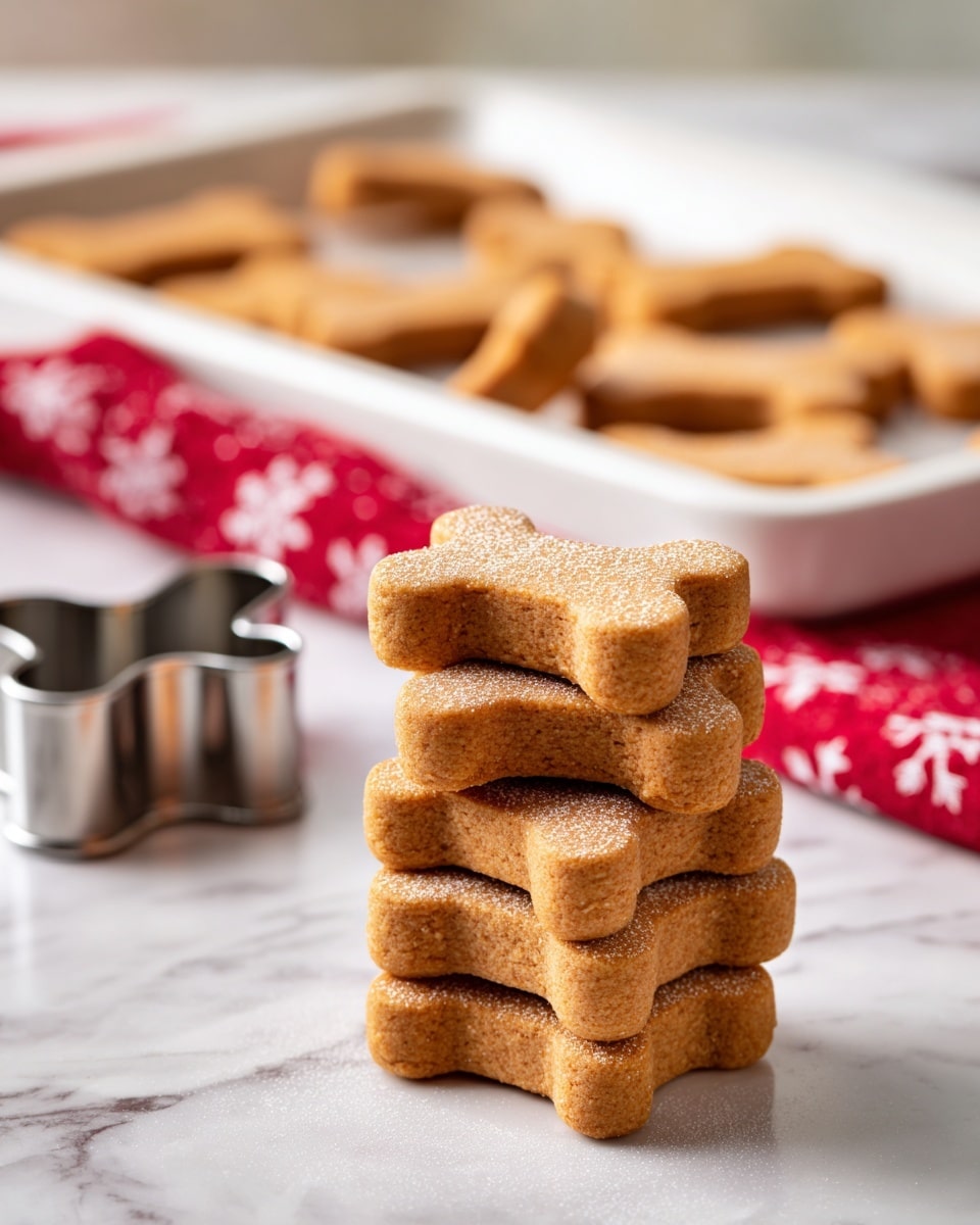 The image shows a small stack of six bone-shaped dog biscuits in the front, with the top biscuit standing upright. The biscuits are golden-brown with a slightly rough texture and a dusting of white flour. Behind the stack, there is a white baking tray filled with more of the same biscuits, slightly out of focus. To the left of the stack, there is a metal bone-shaped cookie cutter lying on a white marbled surface. A red cloth with white patterns is partially visible under the baking tray. The photo is bright with soft natural lighting and has a shallow depth of field, drawing attention to the stack of biscuits in front. photo taken with an iphone --ar 4:5 --v 7