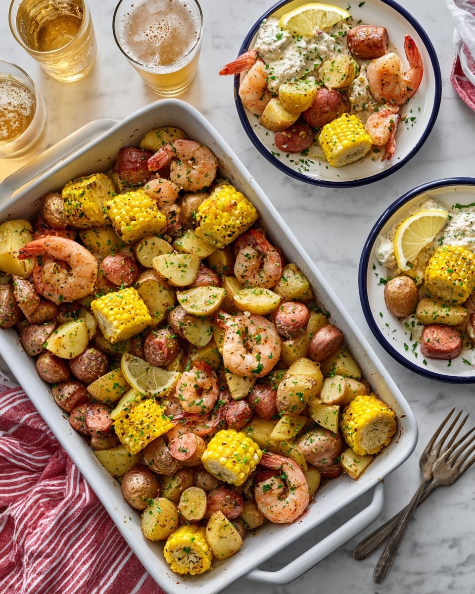 A large white rectangular baking dish filled with a mixed dish of brown baby potatoes, yellow corn on the cob pieces, pink cooked shrimp, and light brown sausage pieces, all seasoned with herbs and spices. The right two-thirds have these ingredients, while the left third is filled with a creamy white sauce topped with herbs. Two white plates with navy blue rings hold servings of the same dish, arranged with a lemon wedge for garnish. There is a glass of light beer near the top left plate, and a red-and-white striped cloth is placed near the bottom edge of the baking dish. The surface beneath everything is a white marbled texture. Photo taken with an iphone --ar 4:5 --v 7