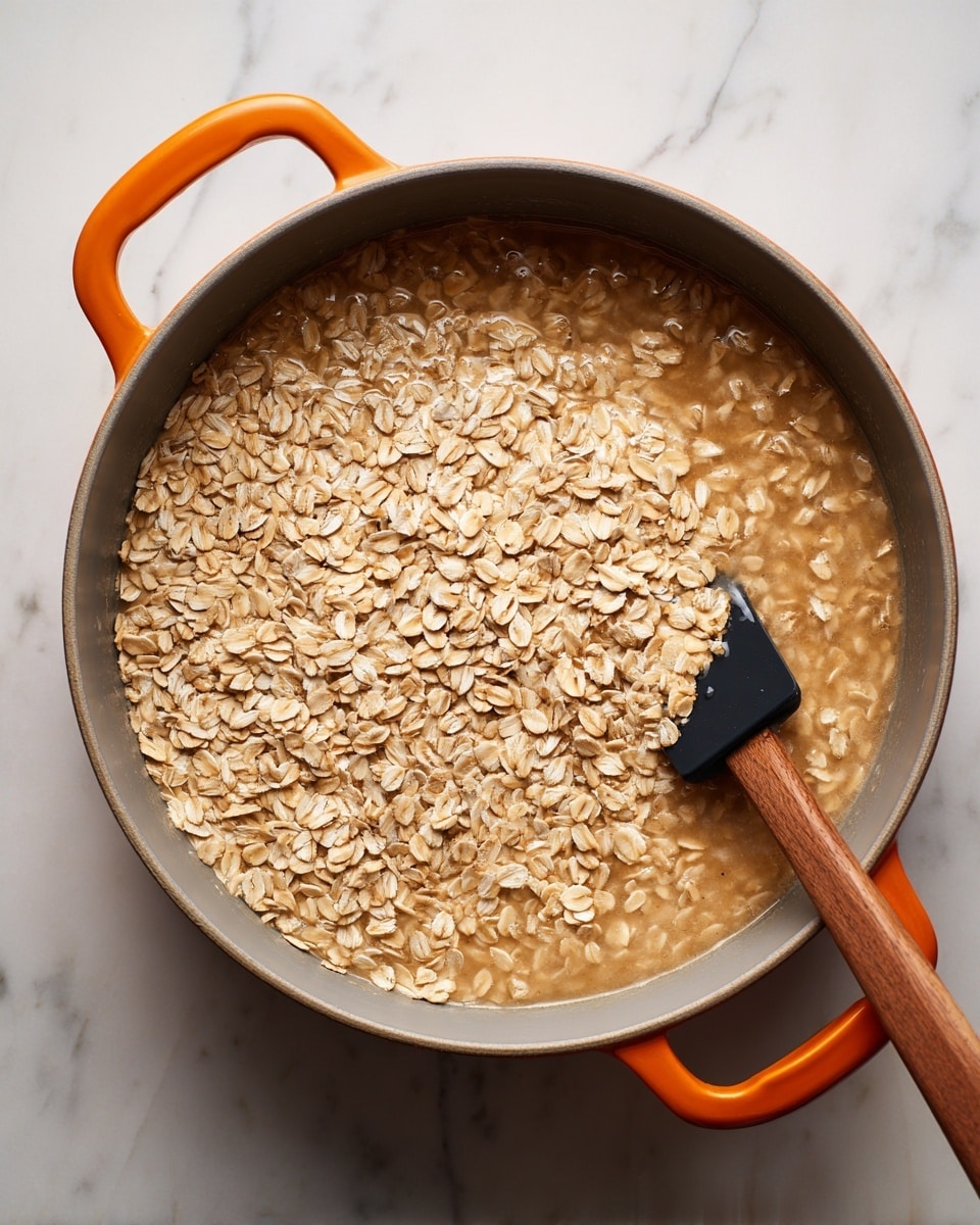 A close-up top view of a single gray pan with orange handles resting on a white marbled surface, filled with a mixture of shiny golden brown syrupy liquid and light beige rolled oats evenly spread across the pan; a black spatula with a wooden handle is partly immersed in the mixture near the left side of the pan, adding texture contrast to the smooth, sticky look of the oats and syrup. photo taken with an iphone --ar 4:5 --v 7