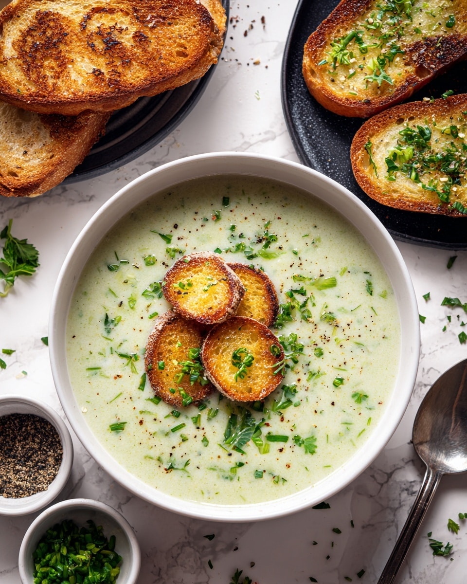 A bowl filled with creamy pale yellow soup topped with golden brown toasted croutons sprinkled with finely chopped green herbs, scattered black pepper, and small green garnish pieces floating on the smooth surface of the soup. The soup is in a black bowl sitting on a white marbled surface with a silver spoon nearby, and blurred toasted bread pieces are visible in the background. photo taken with an iphone --ar 4:5 --v 7
