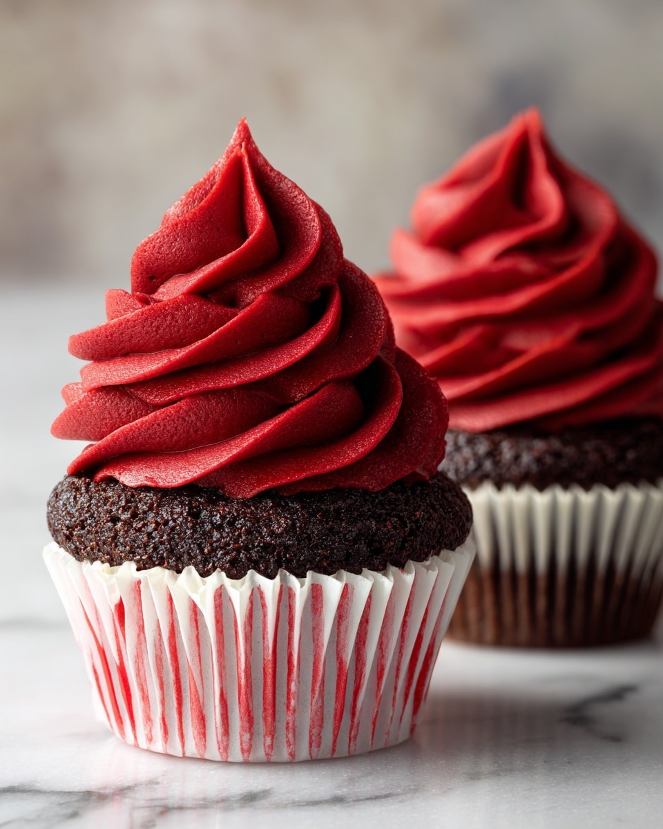 Two chocolate cupcakes sit on a white marbled surface close up. Each cupcake has a dark brown base with a slightly textured top and deep red, thick swirls of frosting covering the tops. The frosting has a smooth, creamy texture, piped in tall, pointed layers. Both cupcakes are partially wrapped in white paper liners with red stripes, with one liner peeled down at the bottom to reveal more of the cupcake. The background is blurred with a soft gradient, keeping the focus on the cupcakes. Photo taken with an iphone --ar 4:5 --v 7