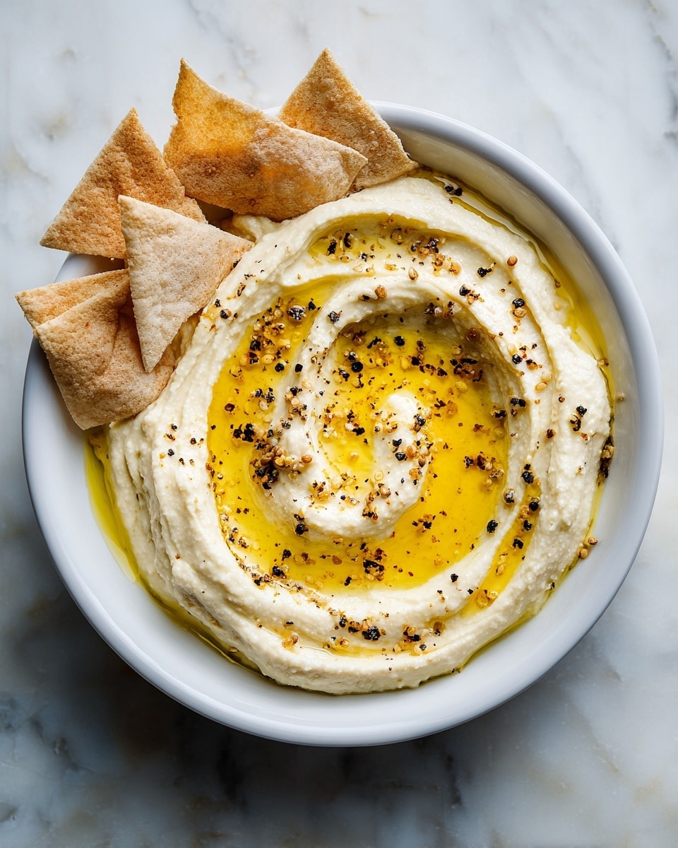 A bowl of creamy white hummus with a smooth texture is presented in a white bowl. The hummus has a swirl pattern on top, with a golden layer of olive oil drizzled in a circular motion. Small black specks of cracked pepper are scattered across the surface, adding contrast. Around the bowl, there are several triangular pieces of light beige pita chips placed casually. The bowl and chips sit on a surface with a white marbled texture. photo taken with an iphone --ar 4:5 --v 7