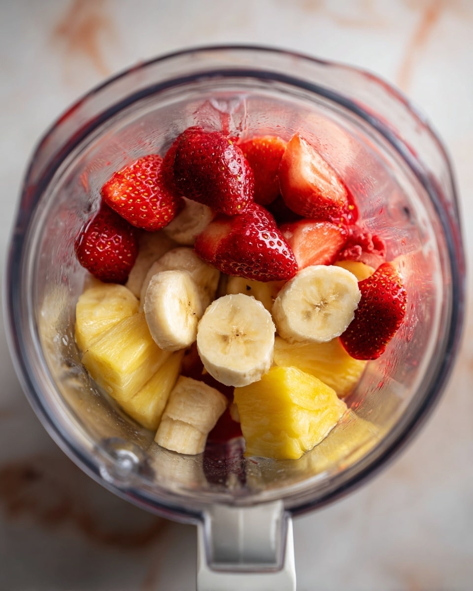 A clear glass blender jar sitting on a white base filled with three visible fruit layers: the bottom layer is made of red strawberries, the middle layer contains yellow pineapple chunks, and the top layer has thick round slices of pale yellow banana. The background shows a white marbled surface, and soft natural light highlights the different fruit textures inside the blender. photo taken with an iphone --ar 4:5 --v 7
