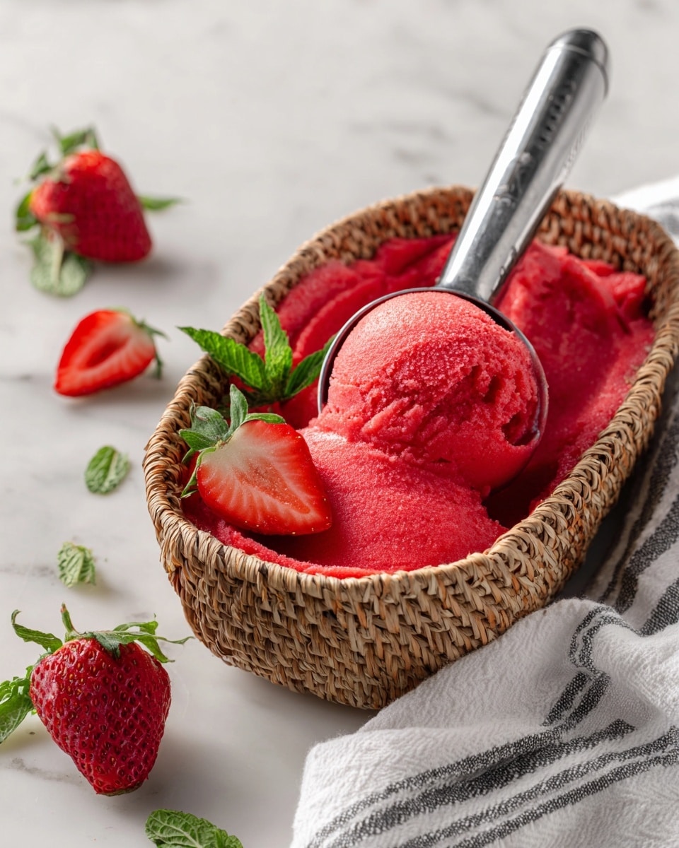 A shiny metal scoop filled with smooth bright red strawberry sorbet is placed on a woven straw mat on a white marbled surface. The sorbet has a creamy texture with a metal ice cream scooper resting inside, holding a rounded scoop. A whole fresh strawberry and a strawberry slice with a small green mint leaf garnish sit on top of the sorbet near the edge. Around the scoop, there are a few whole strawberries and small green mint leaves scattered on the mat. A white cloth with gray stripes is folded on the right side of the image. photo taken with an iphone --ar 4:5 --v 7