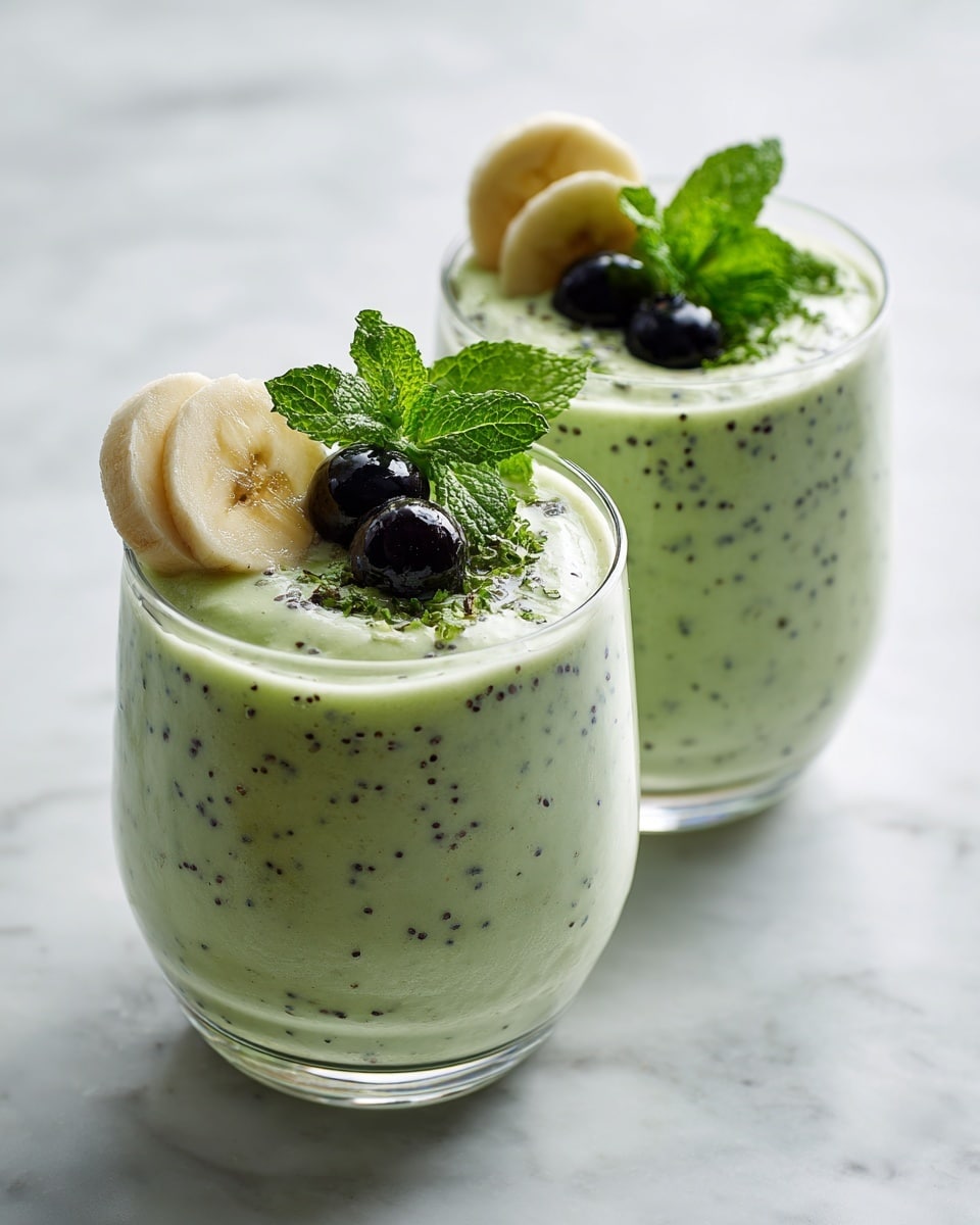 Two clear glasses filled with a light green smoothie that has small dark specks inside. Each glass is garnished at the rim with a thin round slice of banana, a fresh green mint leaf, and a single dark blueberry. The glasses are placed on a white marbled surface with soft lighting. photo taken with an iphone --ar 4:5 --v 7
