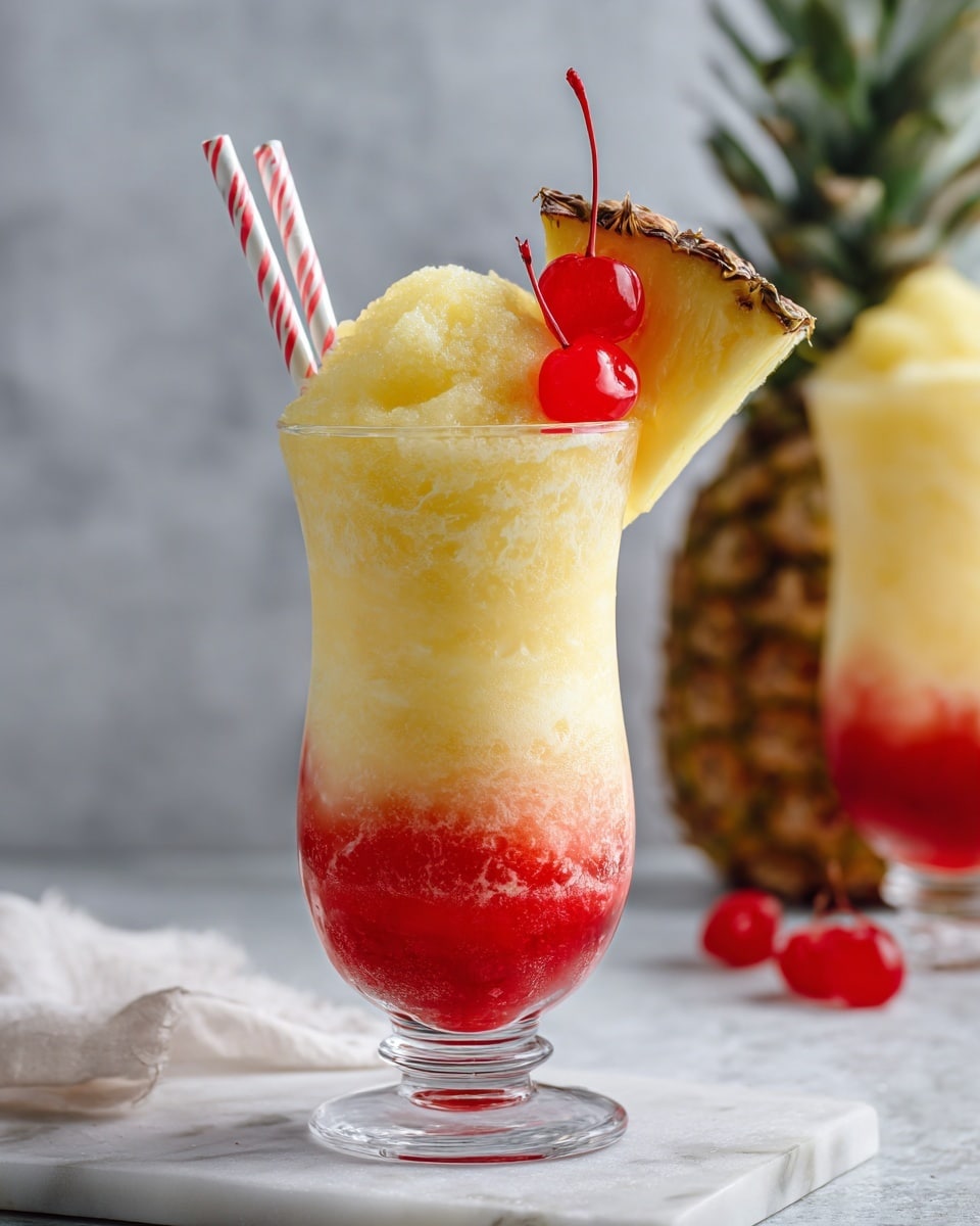 A tall clear glass sits on a white marbled surface, filled with a three-layer frozen drink. The bottom layer is a bright red syrup, topped by a thick light yellow slushy mix, which takes up most of the glass. On top of the yellow slush, there is a slightly lighter dollop of the same texture. A large wedge of pineapple with its brown, rough skin rests on the rim. Next to the pineapple, two bright red cherries are skewered on a wooden pick. Two thin white straws with red stripes stand upright in the glass. In the background, there is a blurry glimpse of another similar drink. Photo taken with an iphone --ar 4:5 --v 7