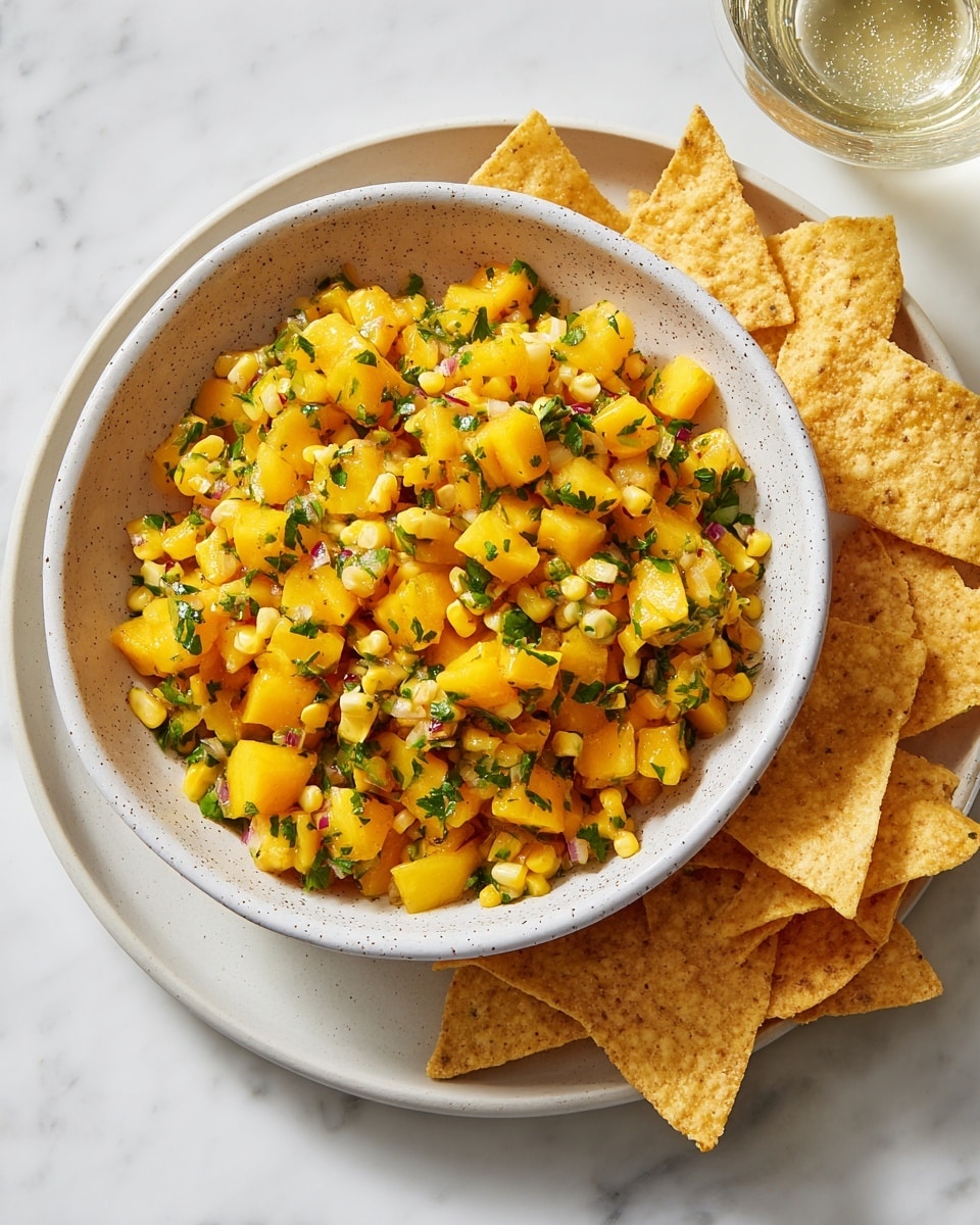 A white speckled bowl filled with a fresh, colorful salsa made of small yellow mango cubes mixed with yellow corn kernels and finely chopped green herbs, including cilantro, all evenly combined. The bowl sits centered on a larger plain white plate that holds several yellow corn tortilla chips scattered around the bowl's edge. The setup rests on a white marbled surface with a bit of a glass of water visible in the top right corner. photo taken with an iphone --ar 4:5 --v 7