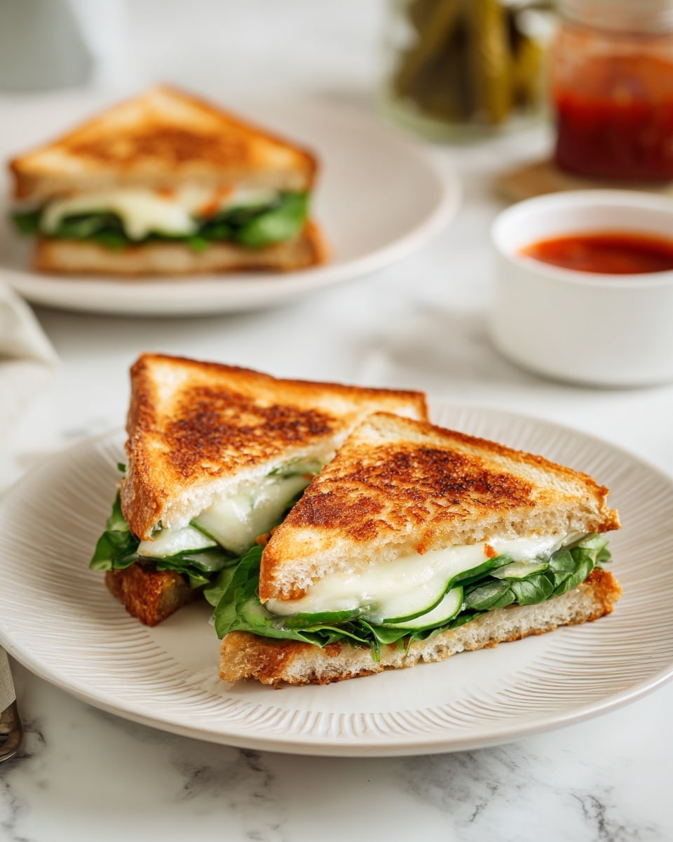 The image shows a grilled sandwich cut into two triangular halves placed on a white plate with a subtle textured pattern. Each sandwich half has three visible layers: the top crispy golden-brown toasted bread, a middle layer of white melted cheese with thin green cucumber slices, and a bottom layer of fresh dark green leafy lettuce on slightly toasted bread. In the background, there is another sandwich on a white plate, a small white bowl with red sauce, and a jar of pickles, all resting on a white marbled surface. photo taken with an iphone --ar 4:5 --v 7