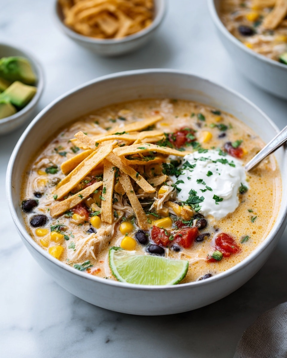 A white bowl holds creamy chicken soup with visible shredded chicken pieces, yellow corn kernels, black beans, red tomato chunks, and green herbs scattered on top. On the left side of the bowl, there is a pile of thin, golden-brown tortilla strips partially resting in the soup. A dollop of white sour cream sits near the tortilla strips, topped with small green herb leaves. A wedge of bright green lime rests at the bottom edge of the bowl. Surrounding the main bowl are small white bowls with diced avocado, sour cream, and more tortilla strips, set on a white marbled surface. Photo taken with an iphone --ar 4:5 --v 7
