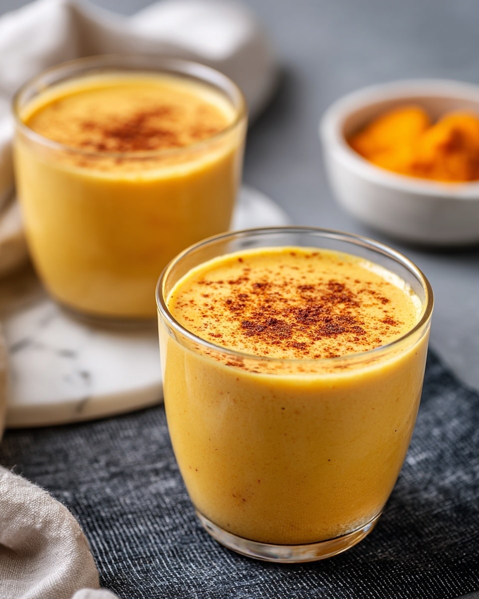 Two clear glass cups filled with a smooth, creamy orange drink topped with a sprinkle of fine brown powder. The drink has a soft texture and a consistent light orange color, with tiny darker specks visible throughout. The cups are placed on a dark textured surface, with a blurred white marbled background showing a white bowl filled with bright orange puree and some cloth pieces nearby. photo taken with an iphone --ar 4:5 --v 7