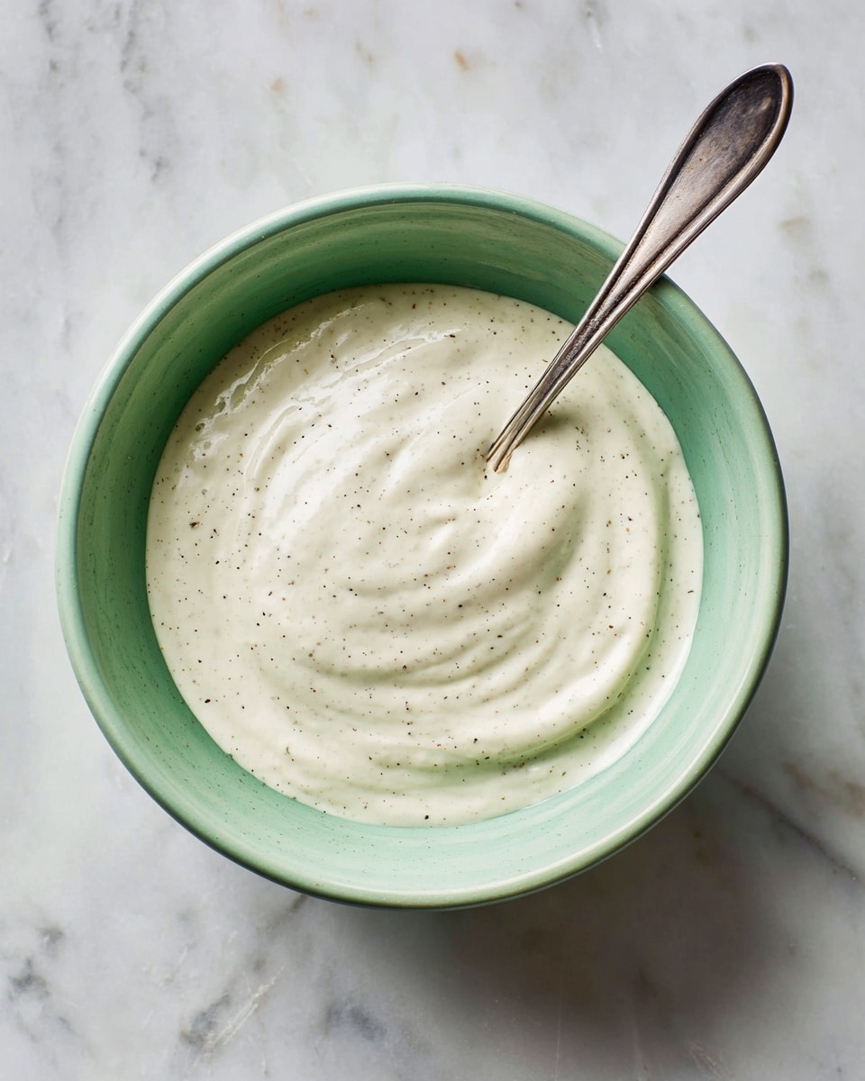 A light green bowl filled with a smooth, creamy white sauce that has tiny dark specks mixed in. The sauce looks thick and evenly swirled inside the bowl. A silver spoon rests partly inside the sauce on the right side of the bowl. The bowl is placed on a white marbled surface. photo taken with an iphone --ar 4:5 --v 7