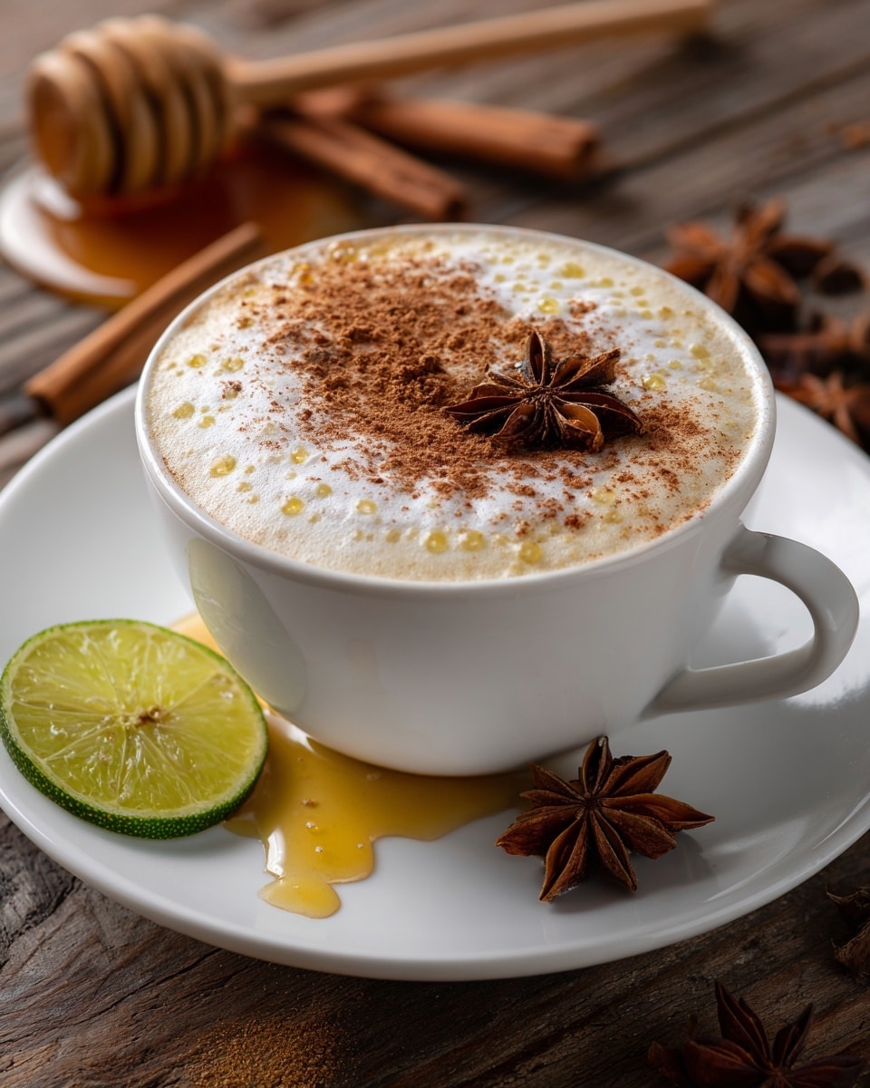 A white cup filled with a creamy beige latte topped with a thick, frothy foam layer dusted evenly with brown cinnamon powder; two star anise pieces float gently on the foam, one near the center and one near the edge. The cup sits on a matching white saucer that has two small drops of honey and a dried lime slice with a star anise on it. The scene is set on a rustic wooden table with additional star anise and a cinnamon stick scattered around. Photo taken with an iphone --ar 4:5 --v 7