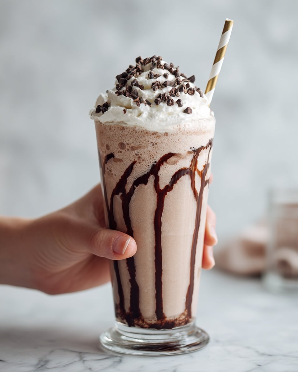 A clear glass filled with a light brown creamy milkshake that has uneven chocolate syrup streaks running inside the glass from the top to the bottom, topped with a thick, white whipped cream layer sprinkled with dark chocolate chips and some dark chocolate drizzle. A white and gold striped paper straw stands upright in the whipped cream. A woman's hand is holding the glass from the side, and the background shows a soft white marbled surface with a blurred second glass in the back. photo taken with an iphone --ar 4:5 --v 7