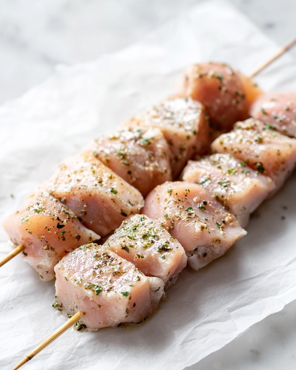A metal skewer holds five pieces of raw chicken meat, spaced evenly along its length. The chicken pieces are pale pink with small specks of green and black seasoning all over them. The skewer is placed flat on a smooth white parchment paper sheet, which lies on a white marbled surface. The texture of the chicken looks soft and moist, and the lighting shows a slight shine on the meat. photo taken with an iphone --ar 4:5 --v 7