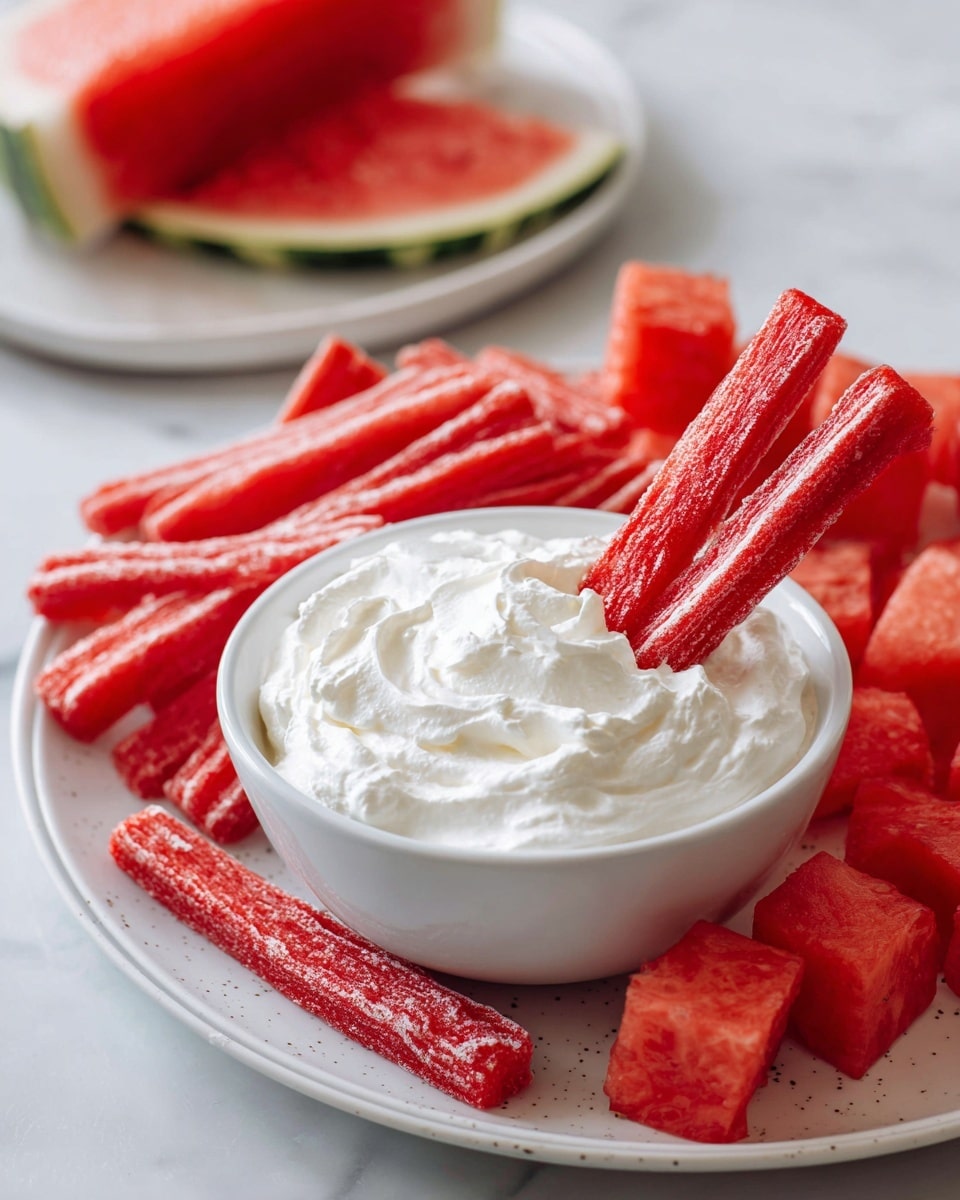 A close-up view of a white bowl filled with thick, white whipped cream with two long, crinkly red watermelon sticks dipped into it. Below the bowl, a white plate is covered with many red watermelon sticks with a crinkled texture, arranged neatly flat. In the background, a white speckled plate holds two big red watermelon slices with a rough texture. To the right side, chunks of watermelon with green rind edges are scattered on a white marbled surface. Photo taken with an iphone --ar 4:5 --v 7