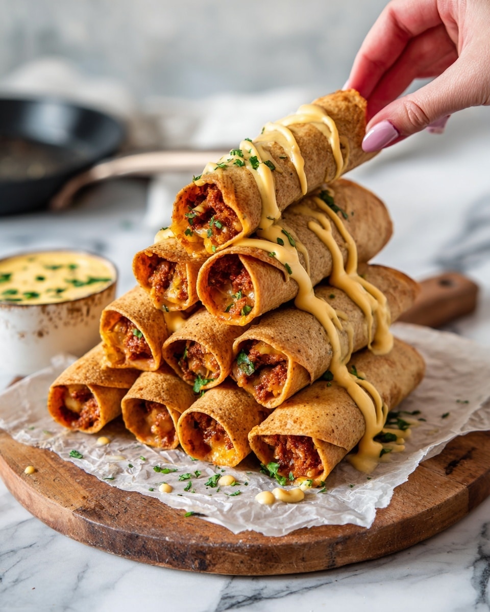 A stack of nine rolled tacos filled with a reddish-brown meat and cheese mixture is arranged on a piece of parchment paper on a wooden board. The tacos are light golden brown with a slightly crispy texture and are garnished with small green herb pieces. A yellow sauce is drizzled in diagonal lines across the tacos. A woman's hand is picking up the top taco. In the blurred background, there is a small round bowl with more yellow sauce topped with herbs, and a black frying pan is partially visible. The surface under the wooden board is a white marbled texture photo taken with an iphone --ar 4:5 --v 7