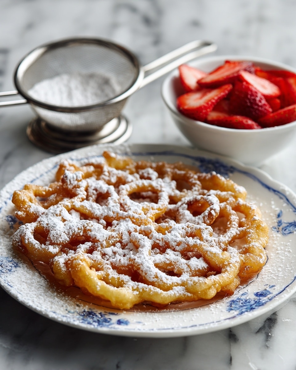 A golden brown funnel cake with an irregular, lace-like pattern sits on a white plate decorated with small blue floral designs, dusted generously with white powdered sugar. To the upper right, a white cup holds bright red, sliced strawberries with juicy textures. On the left, a metal sieve resting on a bowl is filled with powdered sugar. The surface beneath everything is a white marbled texture. photo taken with an iphone --ar 4:5 --v 7