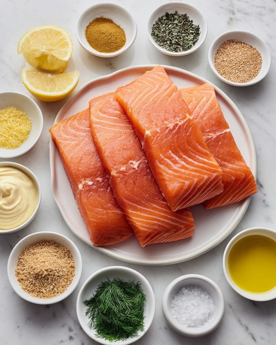 The image shows four raw salmon fillets stacked slightly on top of each other in the center of a white round plate, displaying their smooth, rich orange-pink texture with thin white lines running through. Surrounding the plate on a white marbled surface are small white bowls arranged neatly in two rows: the top row holds lemon wedges on the left, black pepper, salt, a light brown spice, and smooth mustard on the right; the bottom row holds creamy mayonnaise on the left, golden olive oil, light brown breadcrumbs, fresh green chopped dill, bright yellow lemon zest, and clear vinegar on the right. Everything is evenly spaced, creating a clean and organized display of ingredients photo taken with an iphone --ar 4:5 --v 7