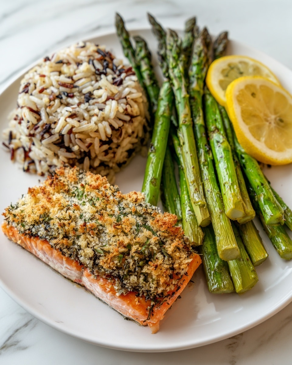 A white plate holds three main parts: on the left is a mound of mixed white and wild rice with visible grains in soft beige and brown tones, on the right are bright green grilled asparagus spears with slightly charred tips, and in front is a rectangular piece of salmon with a crispy golden breadcrumb and herb crust on top, showing hints of green and orange on the surface. Two lemon wedges with bright yellow rind and pale yellow flesh rest beside the asparagus. The plate sits on a white marbled surface. photo taken with an iphone --ar 4:5 --v 7