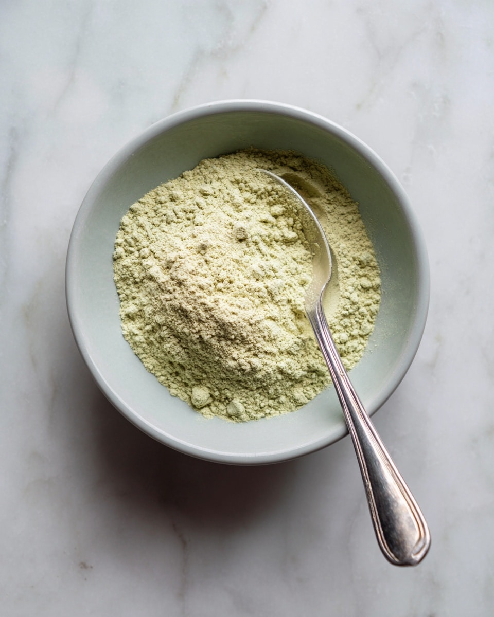 A top view of a small light gray bowl filled with pale green powder. A silver spoon is placed inside the bowl on the right side, slightly buried in the powder. The bowl sits on a white marbled surface with subtle gray veins, creating a clean and simple background. Photo taken with an iphone --ar 4:5 --v 7