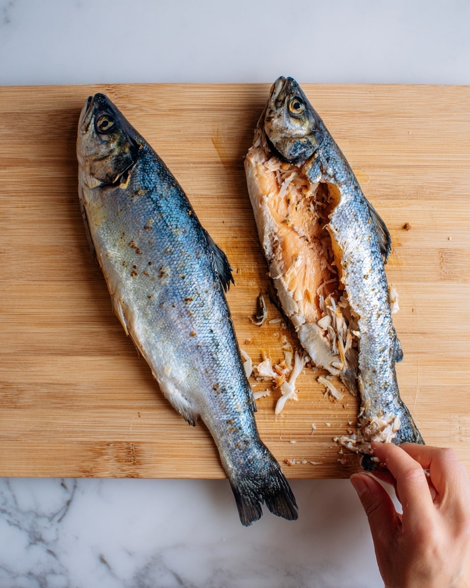 Two whole silver-blue fish with darker spots lie on the left side of a light wooden cutting board. On the right side, one fish is split open showing layers of brown cooked flesh with fine white bones being pulled out by a woman's hand in the bottom right corner. The wooden board rests on a white marbled surface. The image is bright and clear, showing the shiny scales and detailed textures of the fish and the hand. photo taken with an iphone --ar 4:5 --v 7
