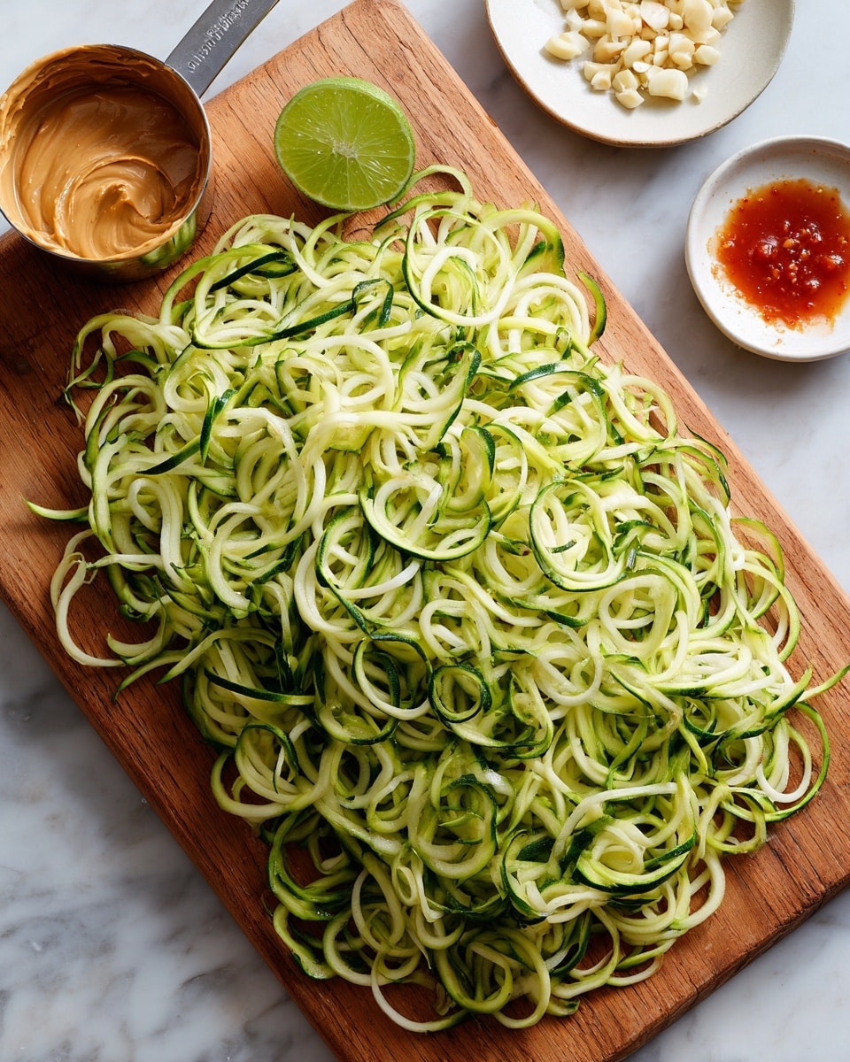 The image shows a large pile of spiralized zucchini noodles on a wooden cutting board. The noodles are light green with dark green skin edges, thin and curly, filling most of the board. In the upper part of the image, there is a metal measuring cup filled with light brown peanut butter, a half-cut lime with a bright green inside, and a small white plate holding chopped garlic and some red sauce with a glossy texture on the right. The background surface has a white marbled texture. photo taken with an iphone --ar 4:5 --v 7