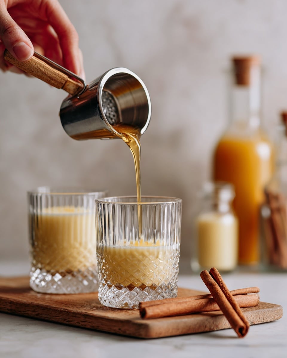A close-up shows a woman's hand holding a small metal jigger with a wooden handle, pouring an amber liquid into a clear, empty glass with a textured, thick base. Behind the glass are two glasses filled with a creamy light yellow liquid. On the right side of the surface, near the front glass, there are two cinnamon sticks lying on a wooden board. The background features a blurred white marbled texture with some bottles in soft focus. photo taken with an iphone --ar 4:5 --v 7