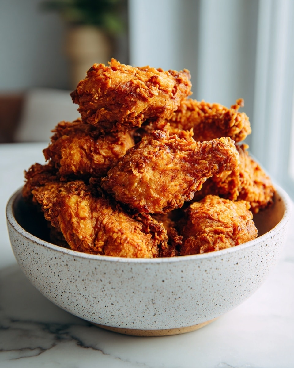 A close-up image shows a woman's hand holding a fried snack that is broken in half, revealing a soft, pale inside with a crispy, golden-brown, textured crust on the outside. The background shows more of the same fried snacks blurred on a white marbled surface, highlighting the crunchy texture and warm color of the food. photo taken with an iphone --ar 4:5 --v 7