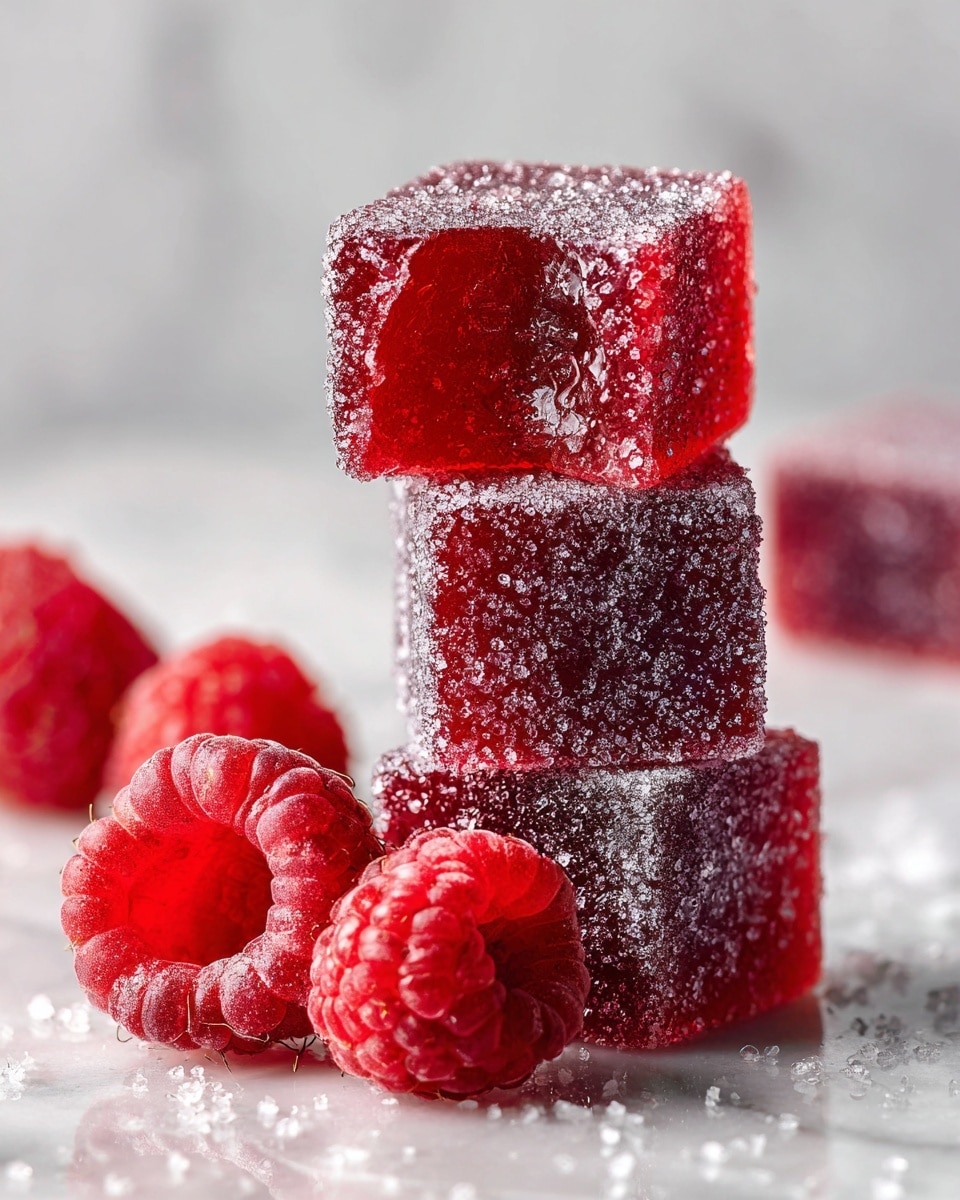 A stack of four red square jelly candies covered in sugar crystals stands on a white marbled surface, with the top candy showing a smooth, slightly translucent inside where a bite has been taken. Next to the stack are two fresh raspberries, bright red with a detailed textured surface and hollow centers, resting close to the base of the stack. The background is soft and light, focusing attention on the rich red colors of the candies and the raspberries. photo taken with an iphone --ar 4:5 --v 7