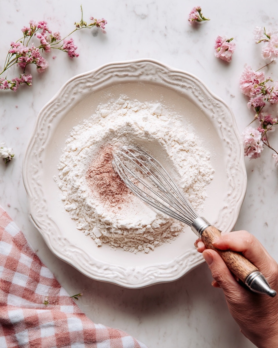 A white plate with ornate edges holds dry ingredients being mixed; there is white flour and a reddish powder on top, with a woman's hand holding a metal whisk with a wooden handle, stirring the powders together. The plate rests on a white marbled texture surface, decorated with small pink flowers scattered around and a pink and white checkered cloth partially in view. The scene is bright with a soft, clean look. photo taken with an iphone --ar 4:5 --v 7