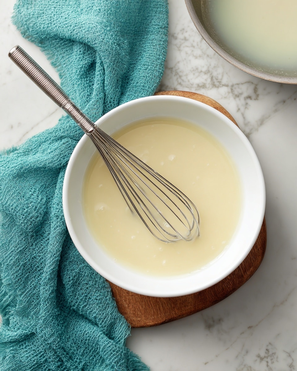 A white bowl filled with a pale yellow liquid mixture is centered in the image. Inside the bowl, a metal whisk with thin wires rests partially submerged in the liquid. The bowl is placed on a small wooden board, which sits on a surface with a white marbled texture. In the top left corner, there is a folded turquoise cloth adding a pop of color. In the upper right background, a round metal pan holds more of the same pale yellow liquid, partially visible in the frame. The lighting is soft and natural, highlighting the smooth texture of the mixture. photo taken with an iphone --ar 4:5 --v 7