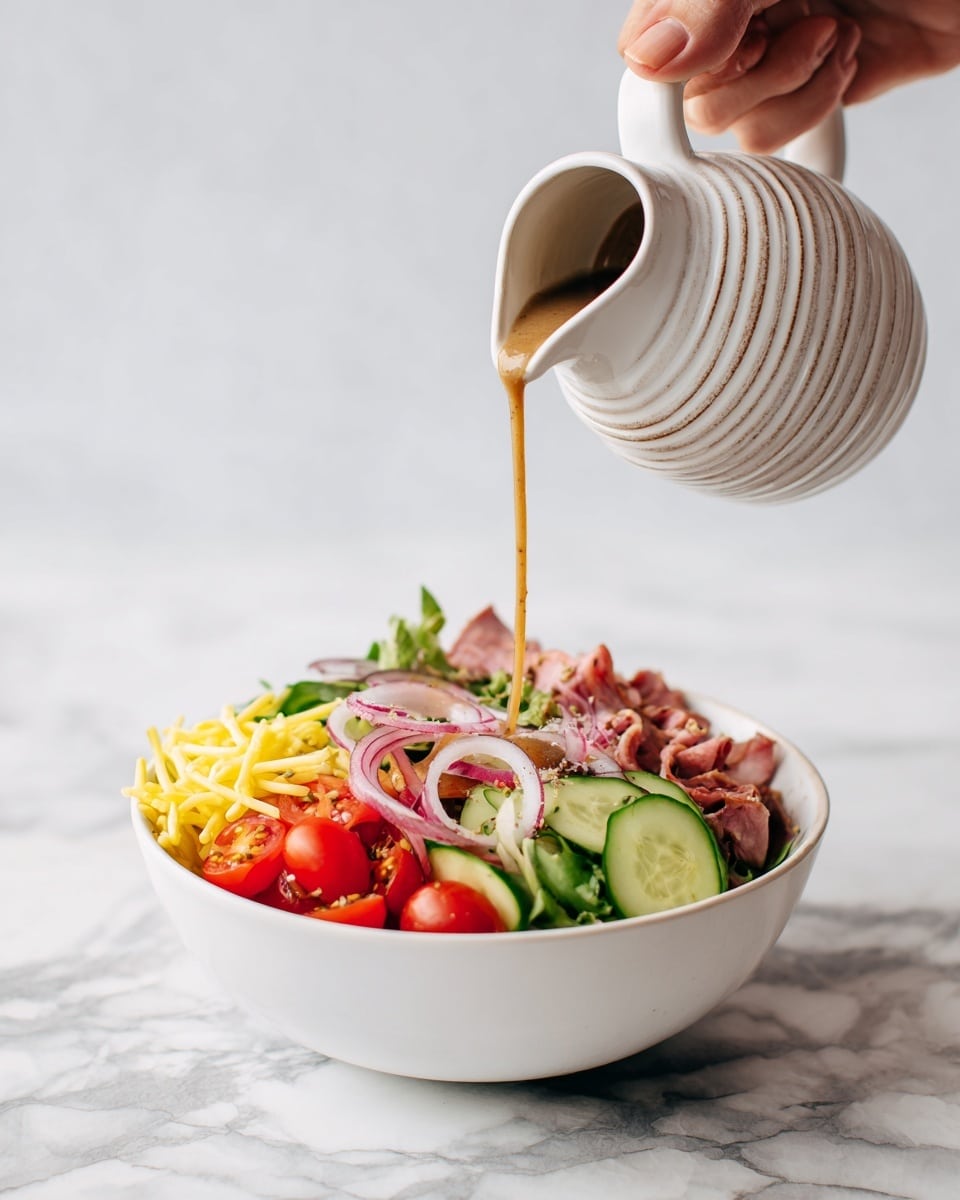 A white textured small jug held by a woman's hand is pouring a light brown dressing over a salad in a white bowl. The salad is arranged in layers with bright red halved cherry tomatoes on one side, next to thick, green cucumber slices. There are also pinkish slices of meat, thinly sliced red onions, and a small amount of yellow pasta, all placed next to each other in the bowl. The image is set against a white marbled surface. photo taken with an iphone --ar 4:5 --v 7