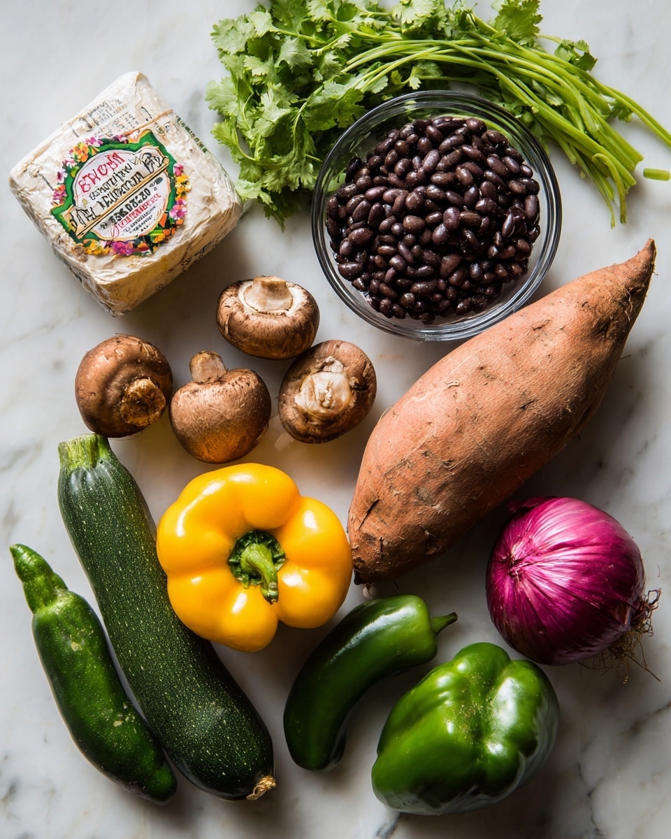 The image shows a group of fresh vegetables and ingredients spread out on a white marbled surface. In the center is a brown sweet potato with rough skin. To its right is a clear glass bowl filled with dark black beans. Nearby is a bunch of bright green cilantro with leafy stems. At the bottom left is a dark green zucchini, smooth and long, and just above it is a shiny yellow bell pepper with a small green stem. Above the sweet potato are several brown mushrooms with smooth, round caps. Towards the top left are two dark green chili peppers, a bright red bell pepper with a glossy surface, and a purple onion with its papery skin. To the left of the sweet potato is a wrapped ball of white queso Oaxaca cheese with a colorful label. The whole scene is bright and natural looking, with all ingredients neatly arranged on the white marbled texture photo taken with an iphone --ar 4:5 --v 7