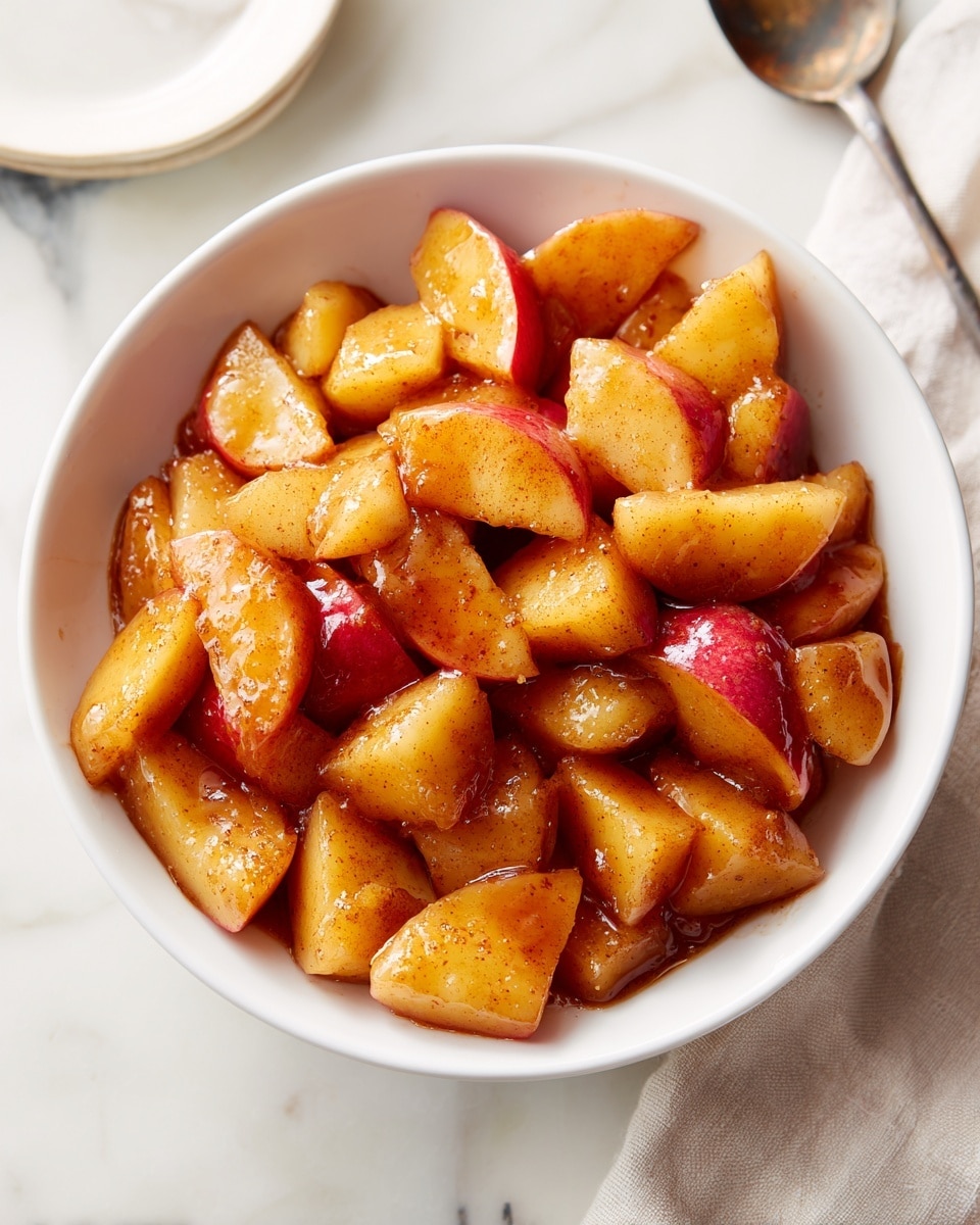 A white bowl filled with many pieces of apple chunks, each piece showing a mix of reddish skin and light yellow flesh. The apple chunks are shiny and coated with a layer of cinnamon or spices, giving them a slightly glossy, brown-speckled look. The pieces are piled close together, filling the bowl almost to the top, and the background features a white marbled texture. photo taken with an iphone --ar 4:5 --v 7