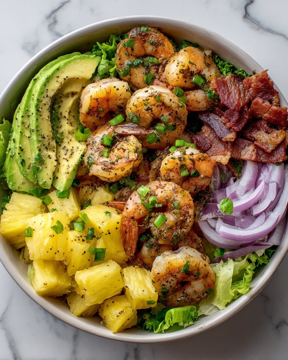 A bowl filled with four main layers: the bottom layer is green lettuce leaves, followed by chunks of yellow pineapple and slices of pale green avocado placed on top and to the side; next, cooked shrimp seasoned with bits of green herbs and black pepper spread over the bowl; finally, small pieces of crispy brown bacon and chopped green onions scattered over the shrimp with a few slices of light purple onion near the edge, all placed on a white marbled background. photo taken with an iphone --ar 4:5 --v 7