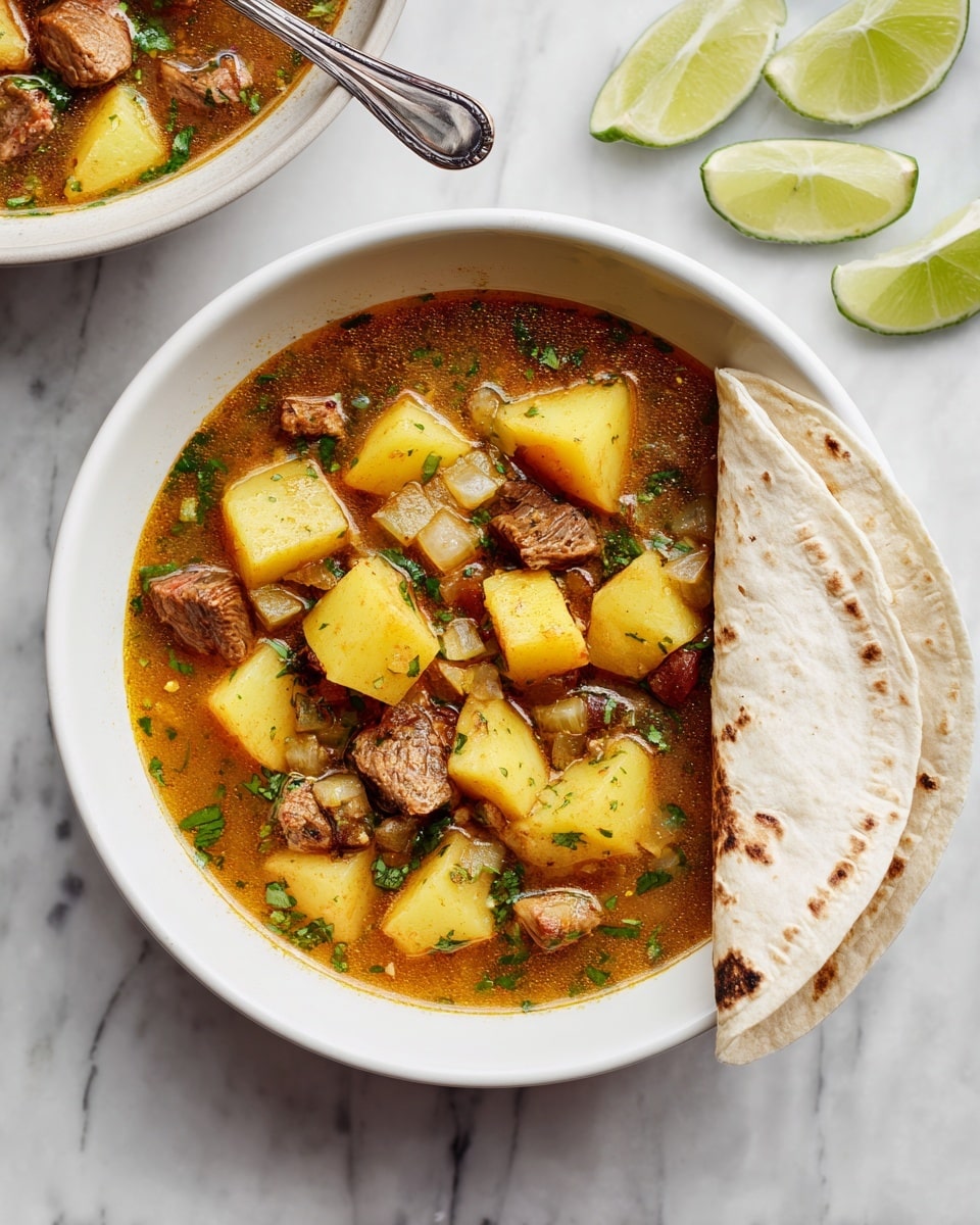A white bowl filled with stew containing three layers of ingredients: the first layer is a clear light brown broth, the second layer has large yellow potato cubes with a soft texture, and the third layer consists of light brown chunks of meat mixed with small bits of onion and green herbs. On the right side of the bowl, a rolled white soft tortilla leans on the bowl edge. There are lime wedges around the bowl on a white marbled surface, with one wedge in the top right and three wedges in the bottom left corner. Part of another bowl with a similar stew and a silver spoon inside is visible in the top left corner. The photo taken with an iphone --ar 4:5 --v 7
