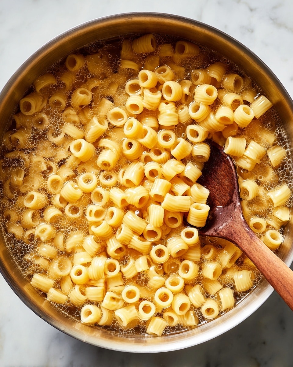 A close-up view of small round pasta pieces cooking in a large metal pot filled with clear boiling water. The pasta is light yellow and floating with some submerged, showing a smooth texture. A wooden spoon with dark tips rests inside the pot, partially stirring the pasta. The pot has a matte metallic finish and the whole scene sits on a white marbled surface. The photo taken with an iphone --ar 4:5 --v 7