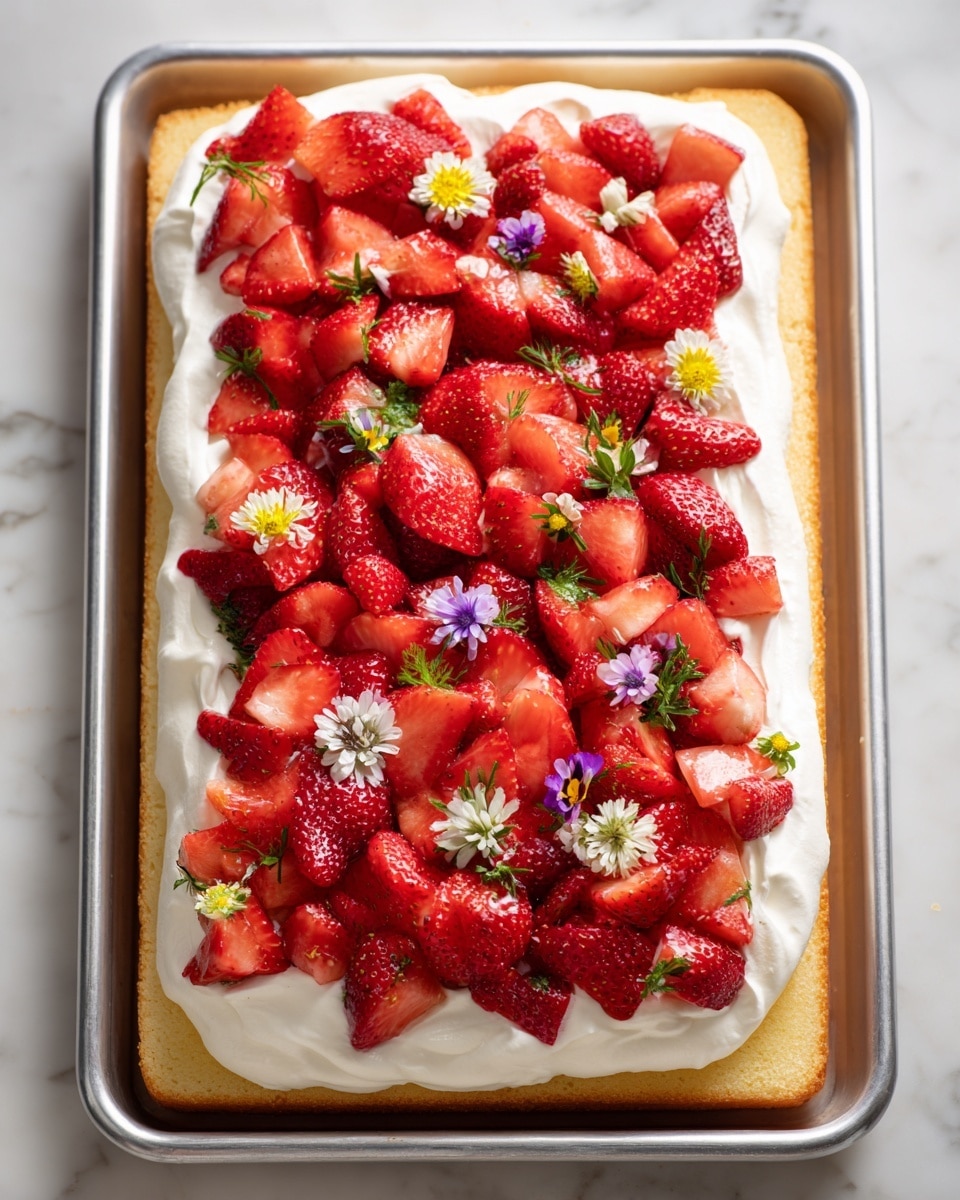 The image shows a dessert with three layers on a white marbled surface. The base layer is a thick, golden yellow cake with a slightly rough texture. On top of the cake is a smooth, fluffy white whipped cream layer, spread evenly but with a soft, cloud-like texture. The top layer is made of many sliced bright red strawberries, arranged closely together to cover the cream almost fully; the strawberries have a shiny, juicy appearance with some lighter inner parts visible. Small white chamomile flowers with yellow centers are placed scattered among the strawberry slices, adding a delicate touch. Photo taken with an iphone --ar 4:5 --v 7