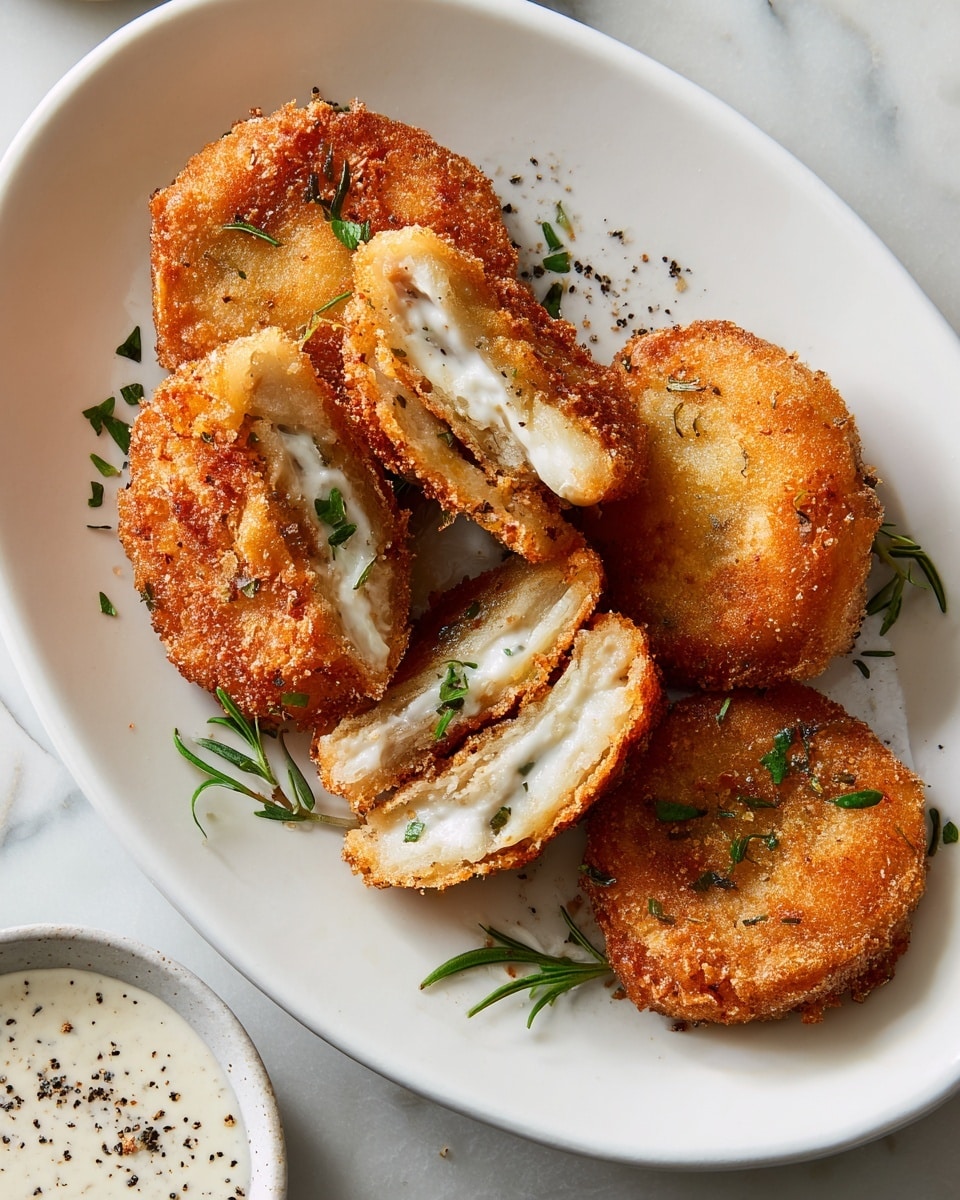 The image shows several pieces of crispy fried food with a golden brown, crunchy outer layer, sprinkled with small green herb bits on top. One piece is cut open in the middle, revealing layers inside: a soft white inner filling surrounding small chunky pieces, all enclosed by the crunchy coating. The food is placed on a white plate, set against a white marbled surface in the background. A woman's hand is touching or holding one piece on the side. Photo taken with an iphone --ar 4:5 --v 7