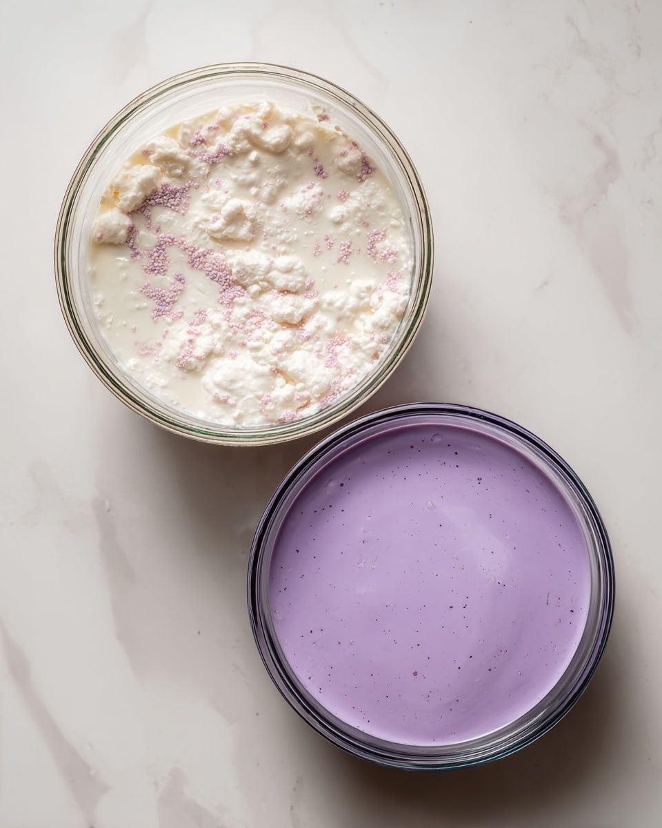 The image shows two clear glass containers on a white marbled surface. The left container is a measuring cup filled with a white liquid that has clumps floating on the surface, and slight pink stains around the rim. The right container is a bowl filled with a smooth, thick purple mixture with tiny darker specks evenly spread inside, and a soft reflective gloss on top. Both containers are viewed from directly above. Photo taken with an iphone --ar 4:5 --v 7