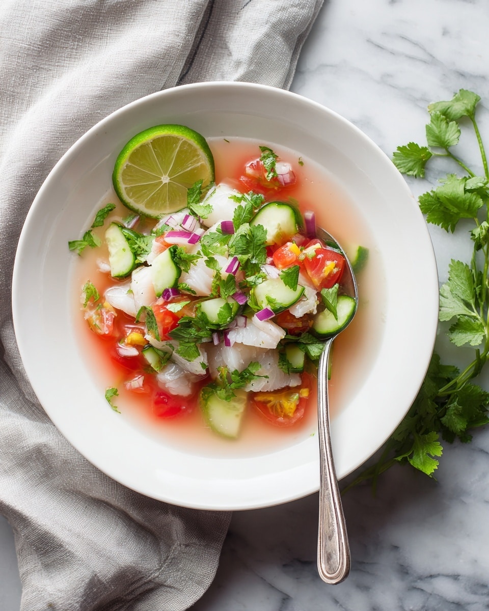 A white bowl holds a fresh salad with three main layers visible: the bottom layer is a mix of small white chunks of fish, the middle layer contains green cucumber pieces with smooth skins and quartered bright red cherry tomatoes, and the top layer has thin strands of light purple onion and chopped fresh green herbs scattered evenly. The salad looks fresh and colorful, sitting on a white marbled surface, with a large, shiny silver spoon positioned on the edge of the bowl. photo taken with an iphone --ar 4:5 --v 7