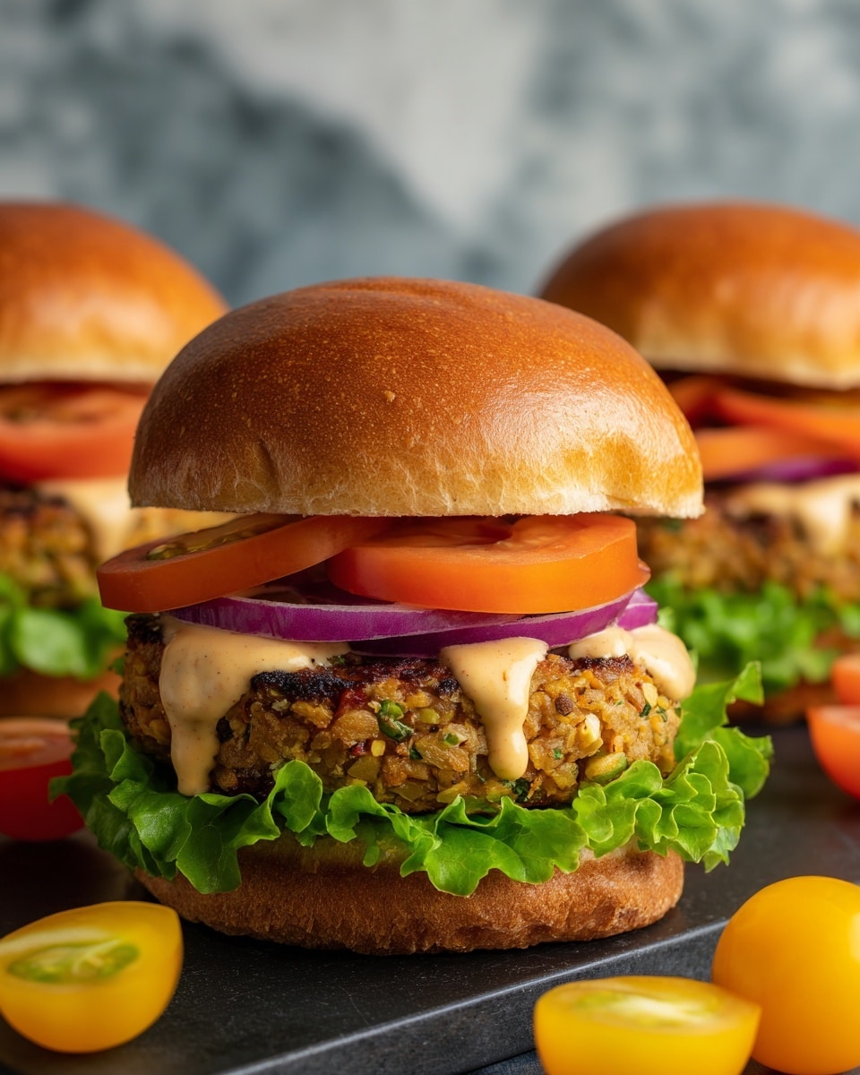 A close-up view of a sandwich with five layers inside a shiny, golden brown bun. The bottom layer is a crisp green leaf of lettuce, topped with a thick, textured patty made of mixed grains and vegetables. Above the patty are bright orange slices of cherry tomato, then a layer of purple onion rings. On top of the vegetables, there is a creamy tan sauce and grainy mustard that slightly drips down the side. The top bun rests neatly on the sandwich, showing a toasted edge. The sandwich sits on a dark surface with a white marbled texture background, with two more similar sandwiches blurred in the back and some sliced yellow cherry tomatoes around. photo taken with an iphone --ar 4:5 --v 7