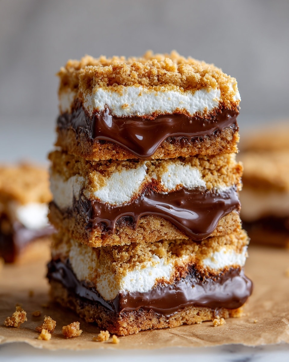 The image shows a close view of a stack of three s'mores bars placed on a brown paper-lined surface with a soft focus background. Each bar has three layers: the top and bottom layers are light golden brown and crumbly cookie-like crusts. The middle layers consist of melted dark brown chocolate and fluffy white marshmallow, slightly oozing out from between the cookie layers. The texture of the cookie layers looks soft and dense, while the marshmallow is smooth and creamy, and the chocolate has a rich, thick consistency. The bars are stacked unevenly with a few crumbs scattered around, presented against a white marbled textured surface. photo taken with an iphone --ar 4:5 --v 7